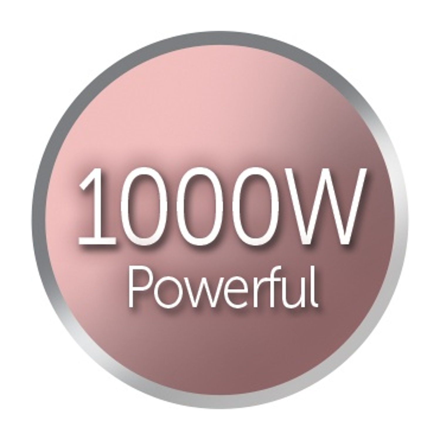 1000W Potente su un cerchio rosa con bordo argentato.