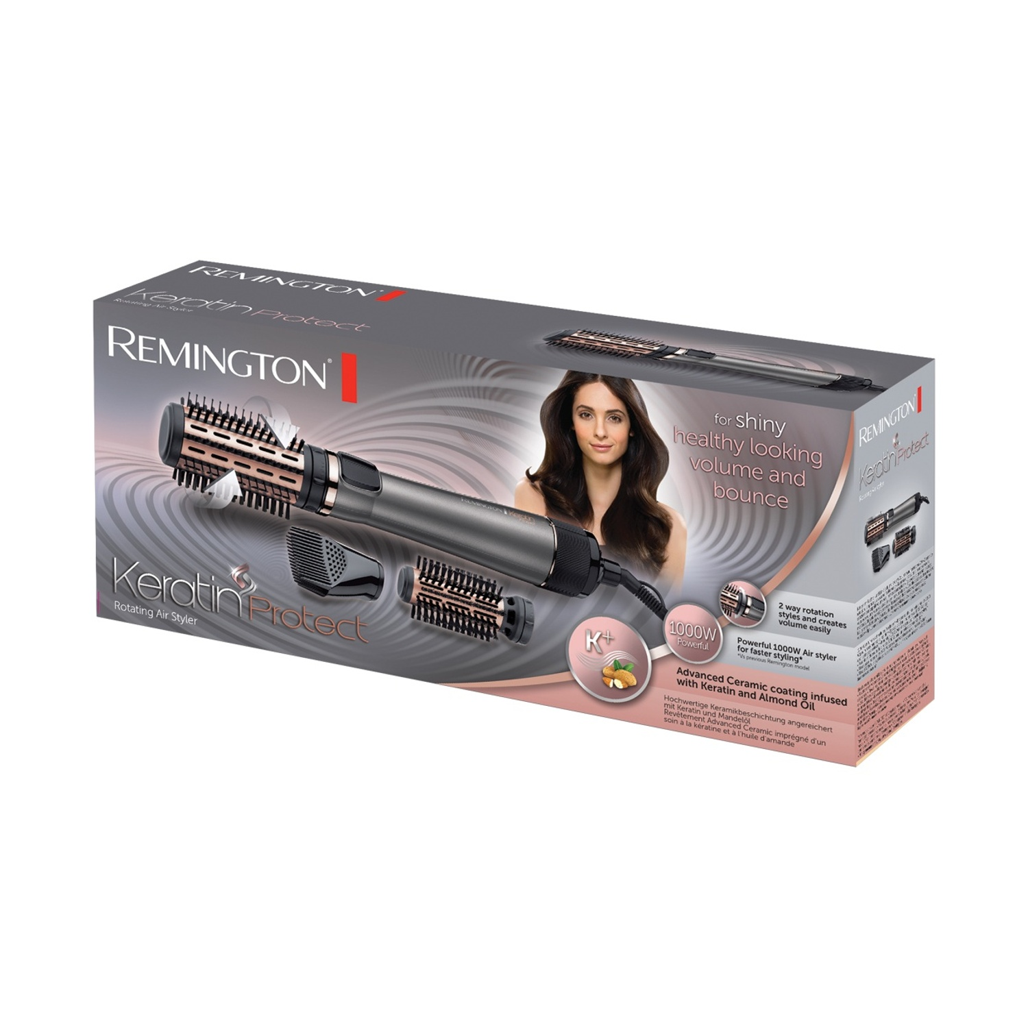 Scatola Remington Keratin Protect air styler con modello e accessori.