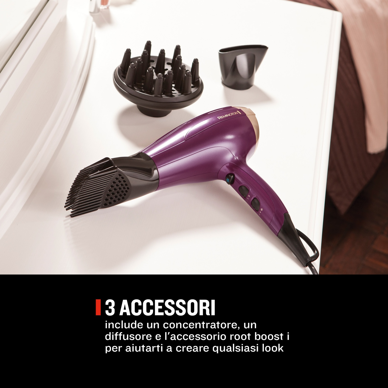 Un asciugacapelli Remington viola con tre accessori, tra cui un diffusore.