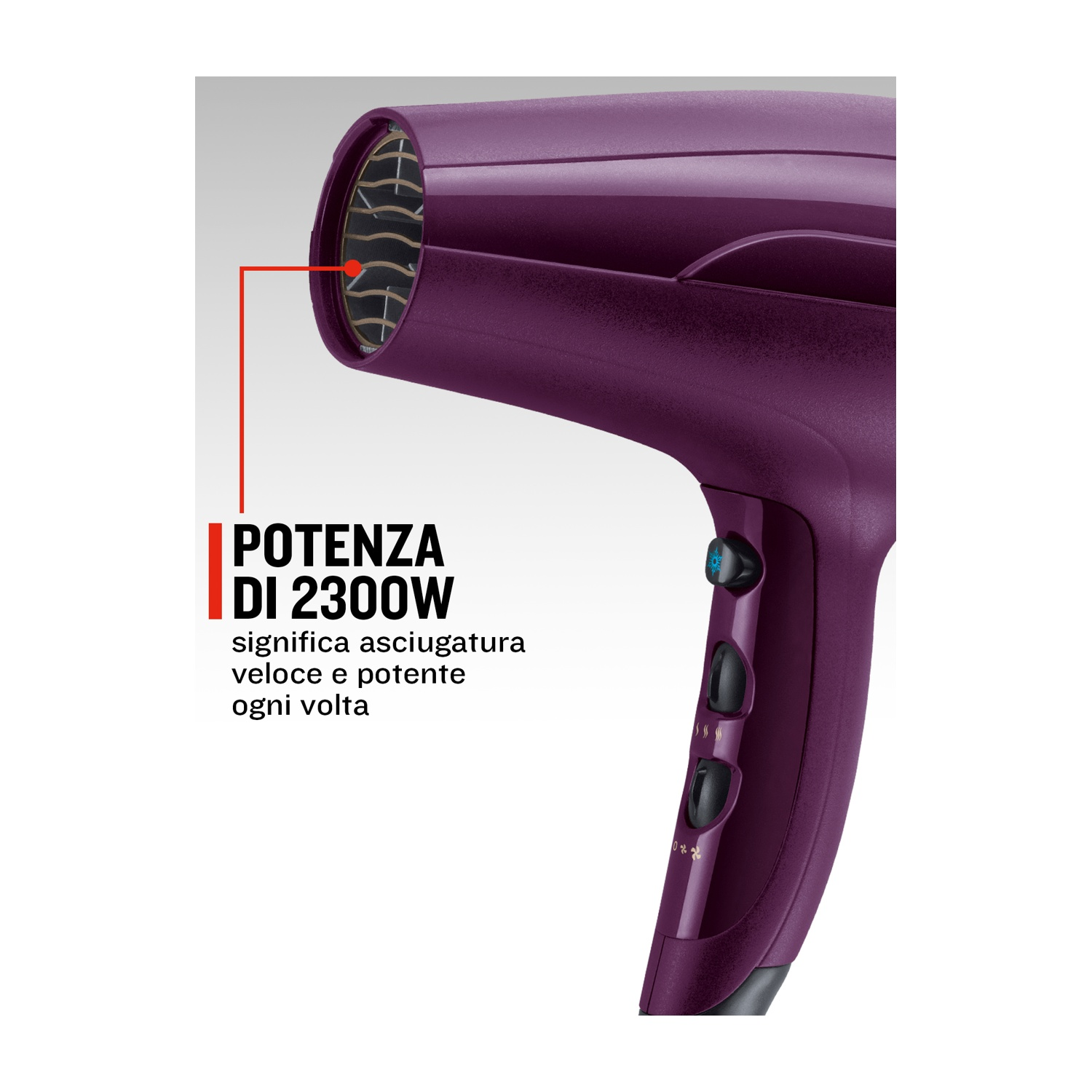 Asciugacapelli viola con controlli e potenza di 2300W.