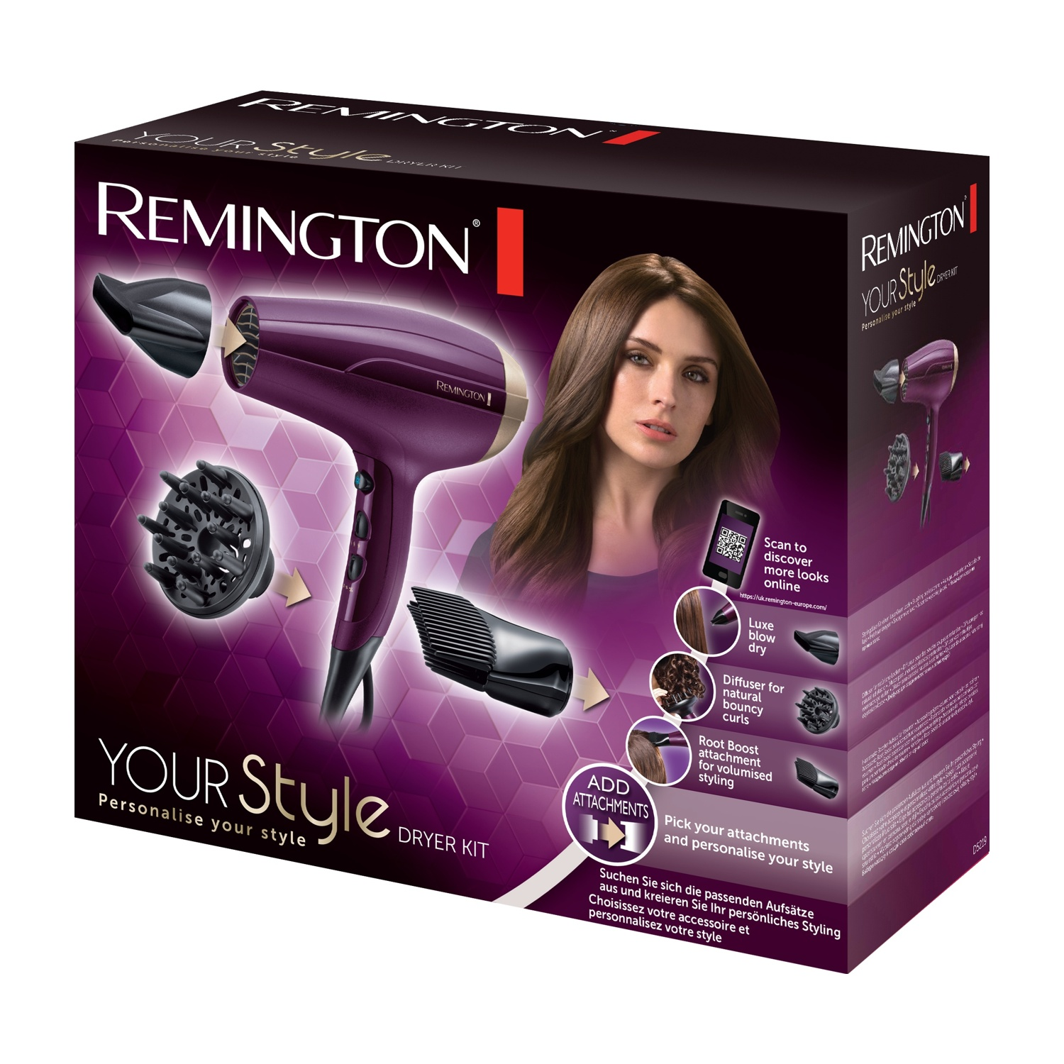 Asciugacapelli Remington viola con accessori e una donna sulla scatola.
