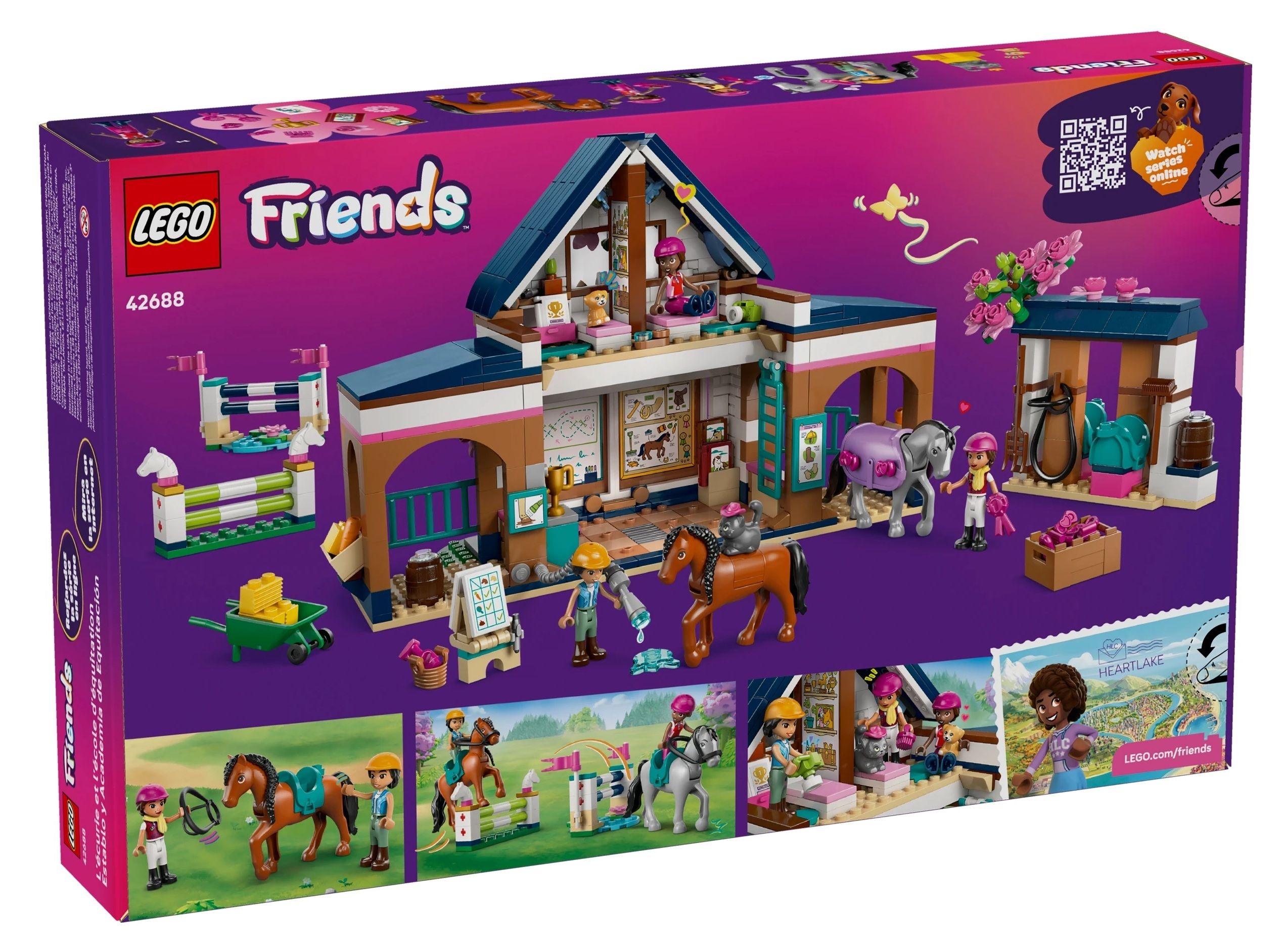Zestaw do zabawy w stajnię Lego Friends z figurkami, końmi i akcesoriami na fioletowym tle.
