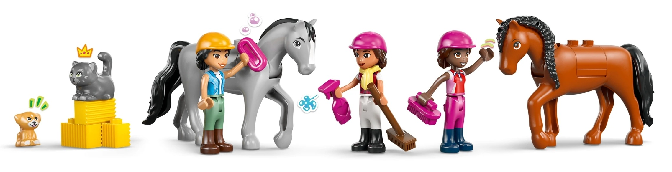 Pies, kot z koroną, dwa konie i trzy dziewczynki z akcesoriami do pielęgnacji.