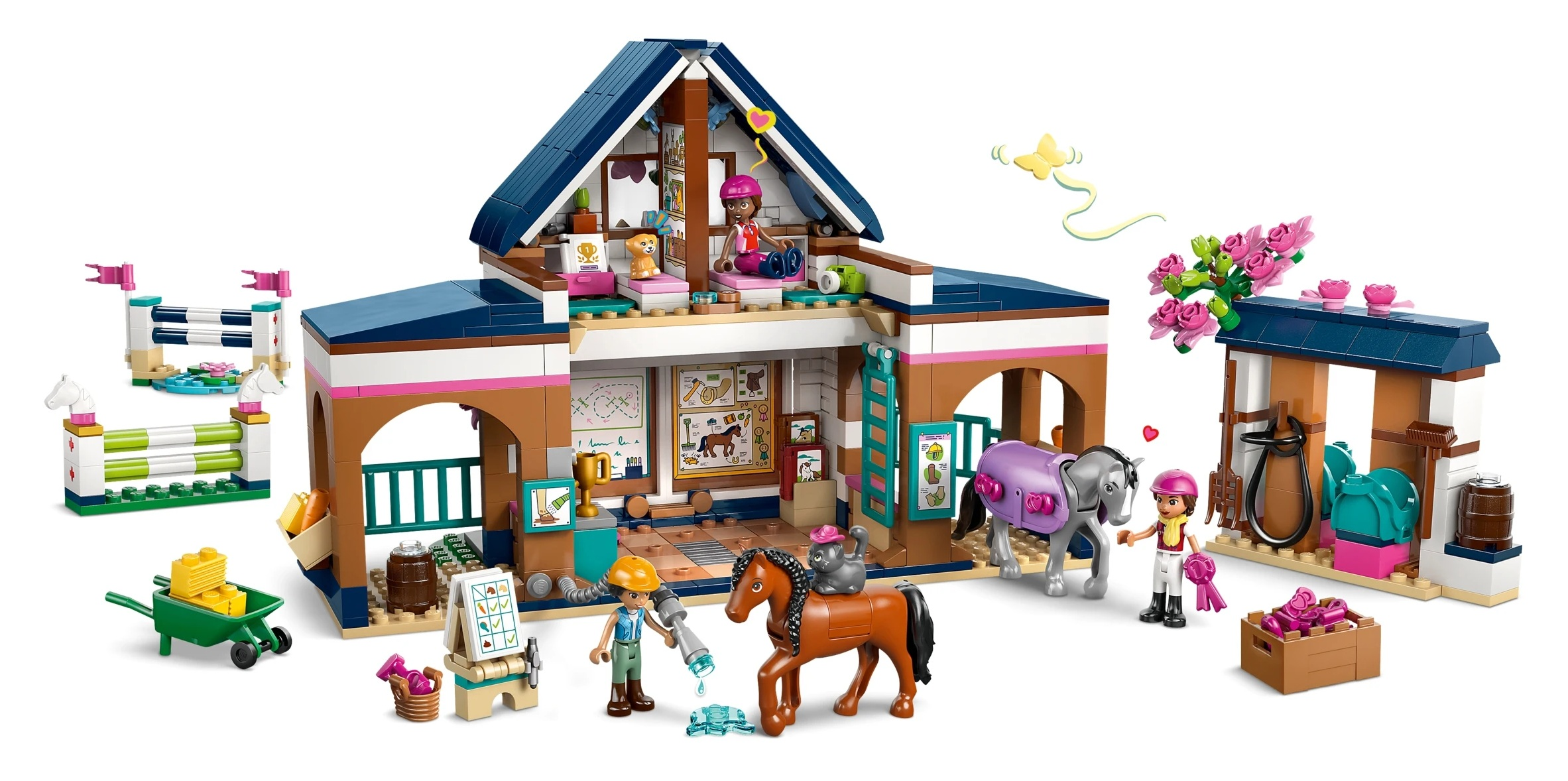 Zabawkowe centrum jeździeckie z końmi, postaciami, przeszkodami i akcesoriami.