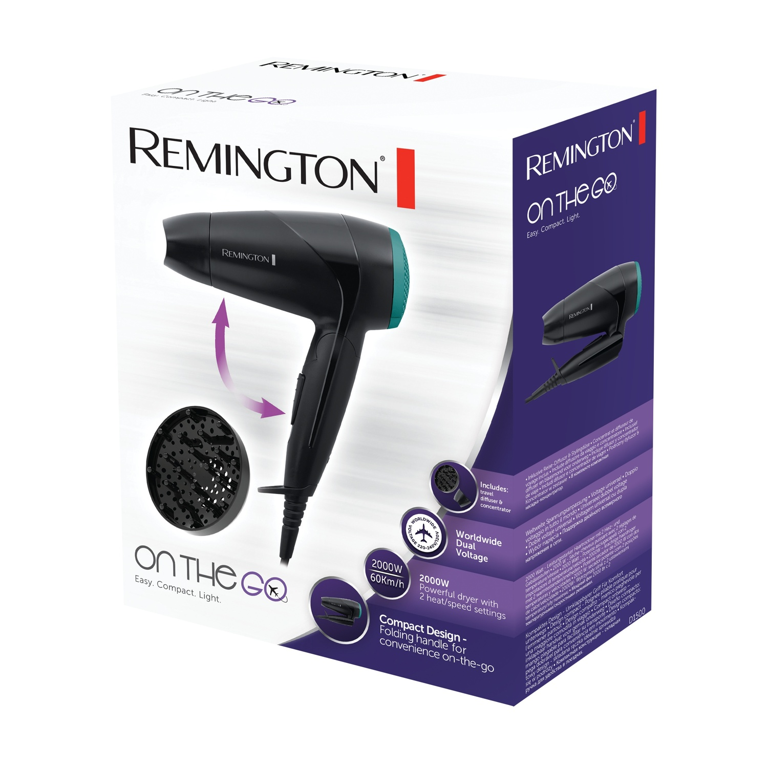 Confezione di un asciugacapelli Remington nero con accenti turchesi, che mostra le caratteristiche.
