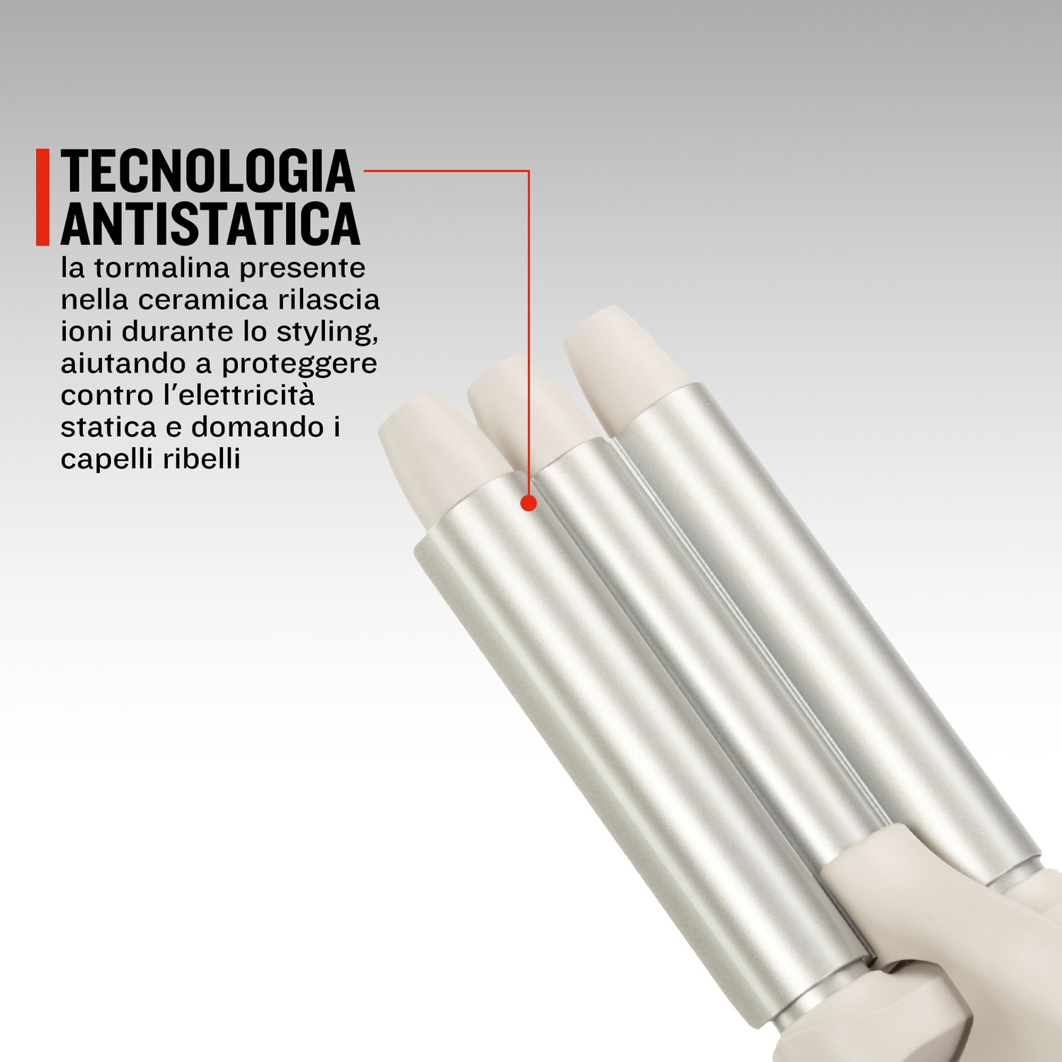 Tre canne argentate per arricciare con punte bianche, con testo sulla tecnologia antistatica.