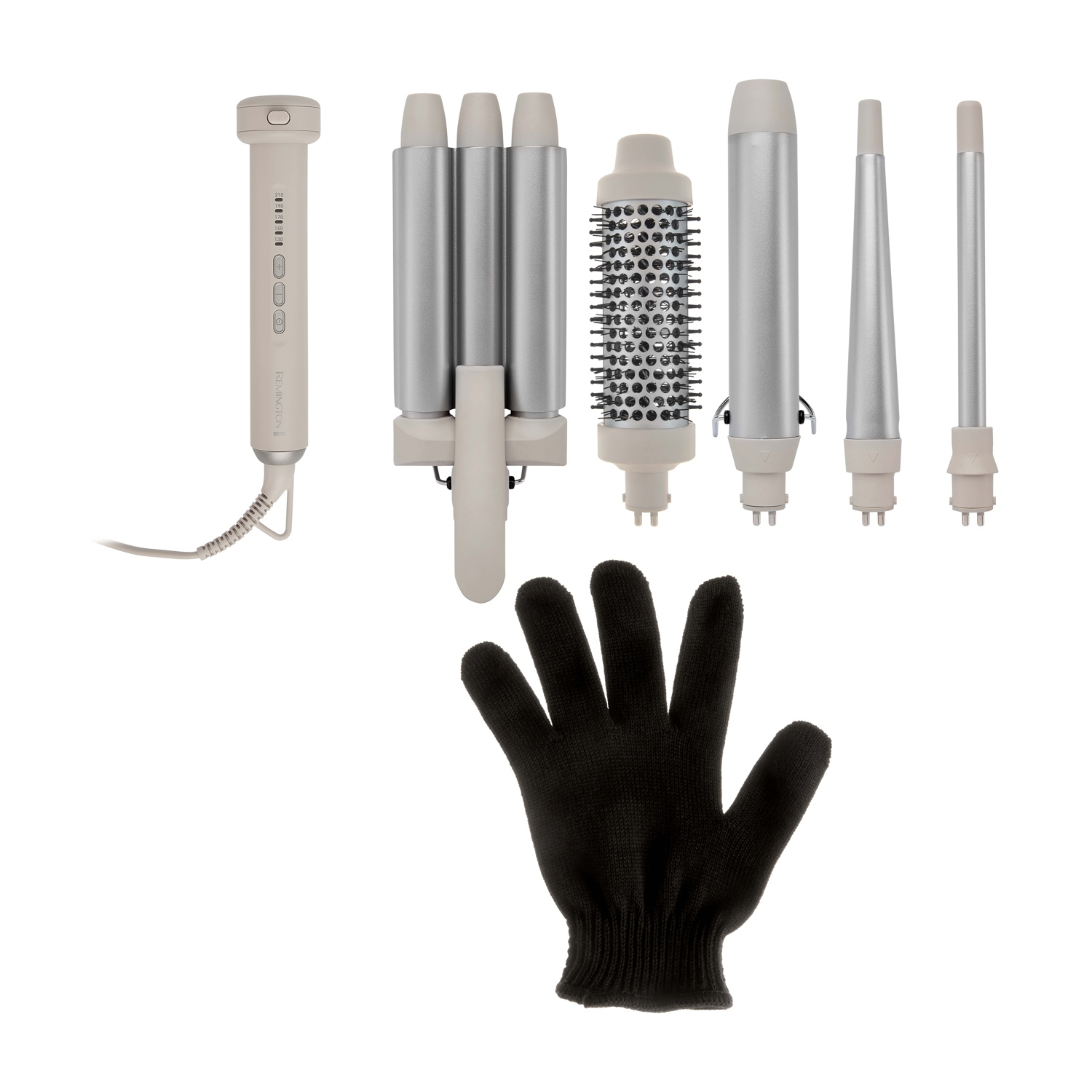 Set per lo styling dei capelli con manico, accessori per arricciare, spazzola e guanto.