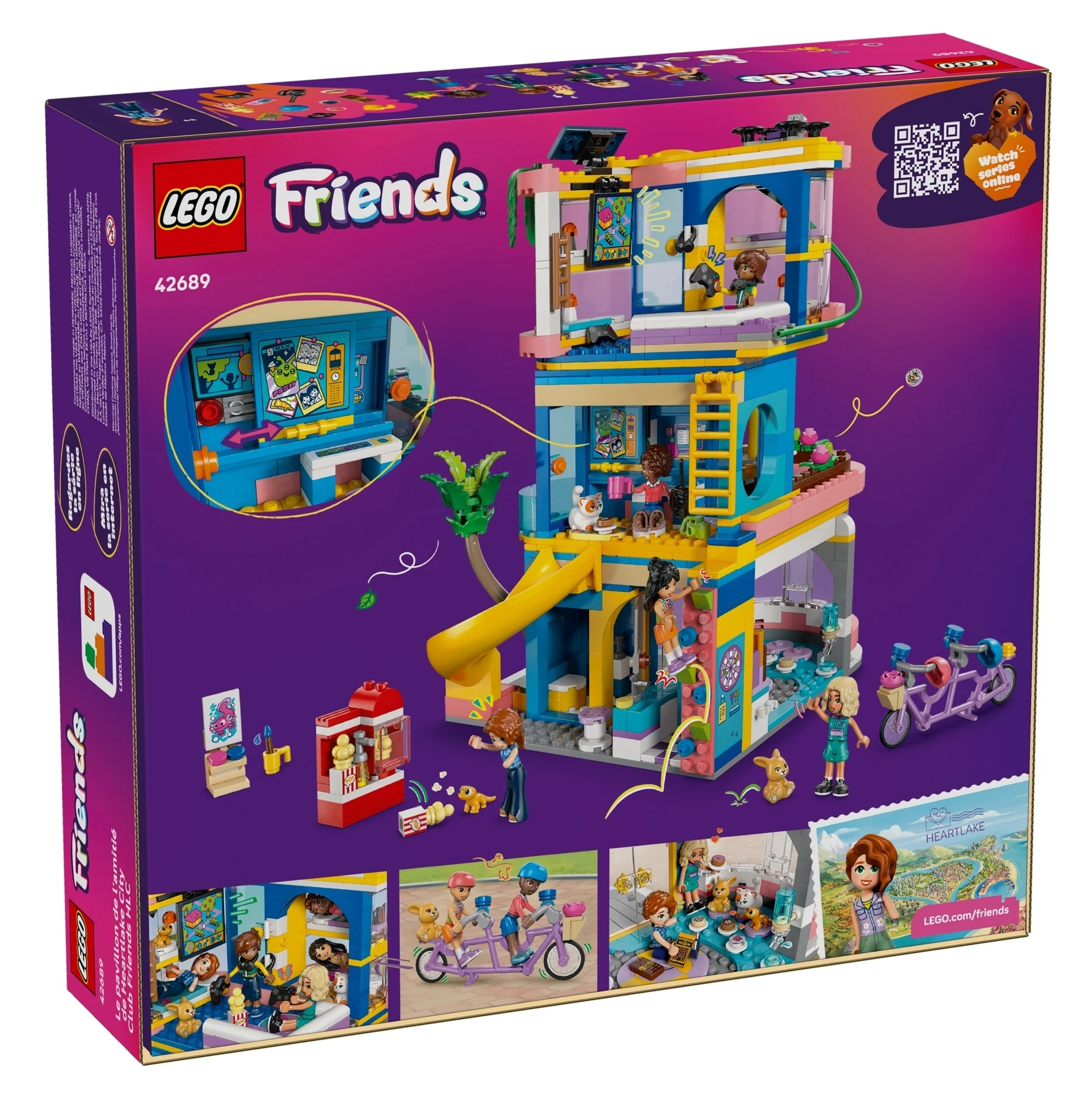 Zestaw Lego Friends z kolorowymi budynkami, postaciami, rowerami i zwierzętami.