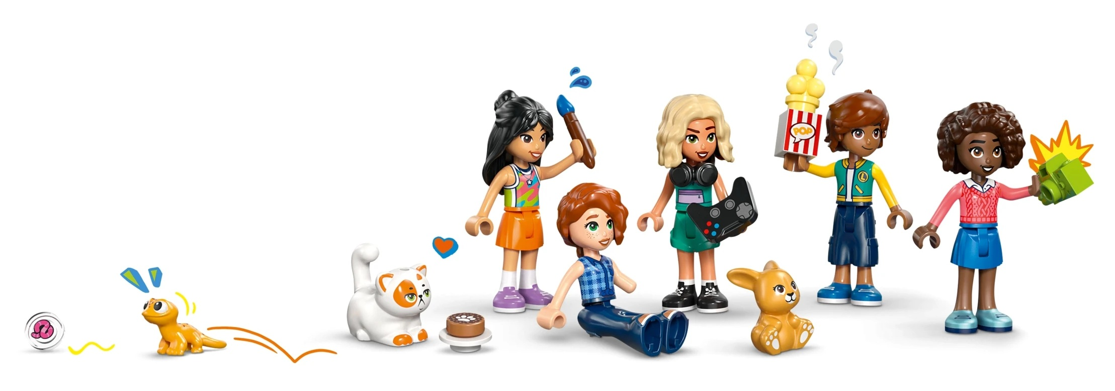 Sześć przyjaciół Lego ze zwierzątkami i przekąskami, w tym pies, kot i popcorn.