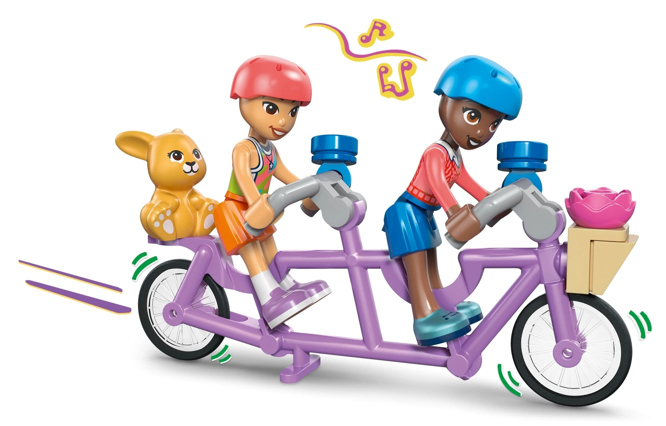 Dwie figurki jadą fioletowym rowerem tandem z żółtym króliczkiem. Pływają nuty.