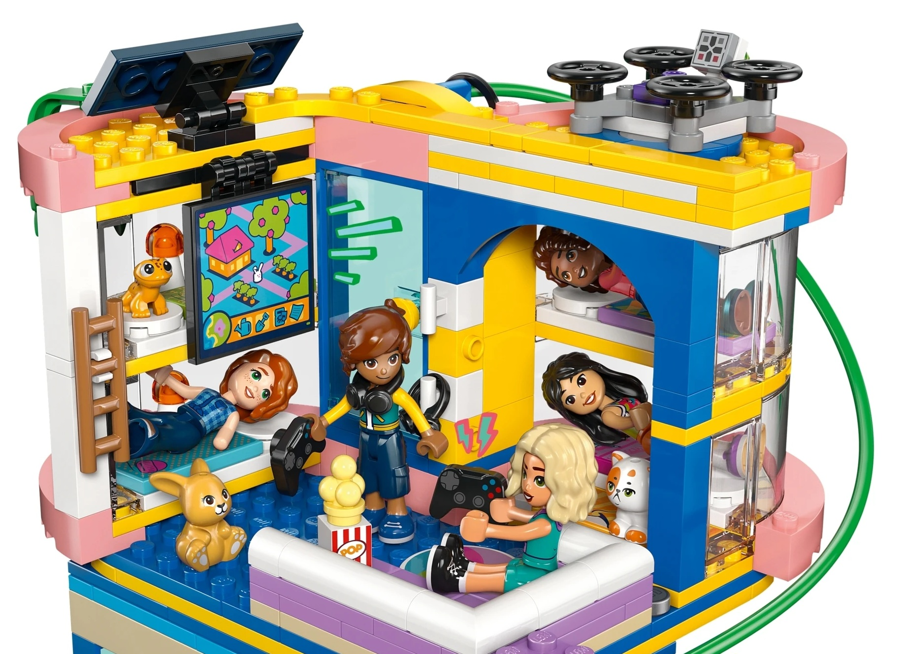 Lego zabawka sypialnia z pięcioma postaciami, żabą, królikiem i kotkiem.