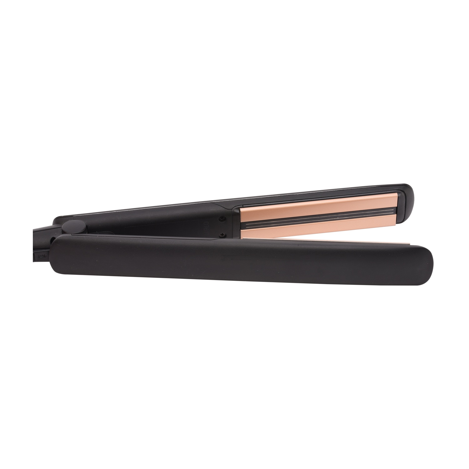 Una piastra per capelli nera con piastre riscaldanti in oro rosa.