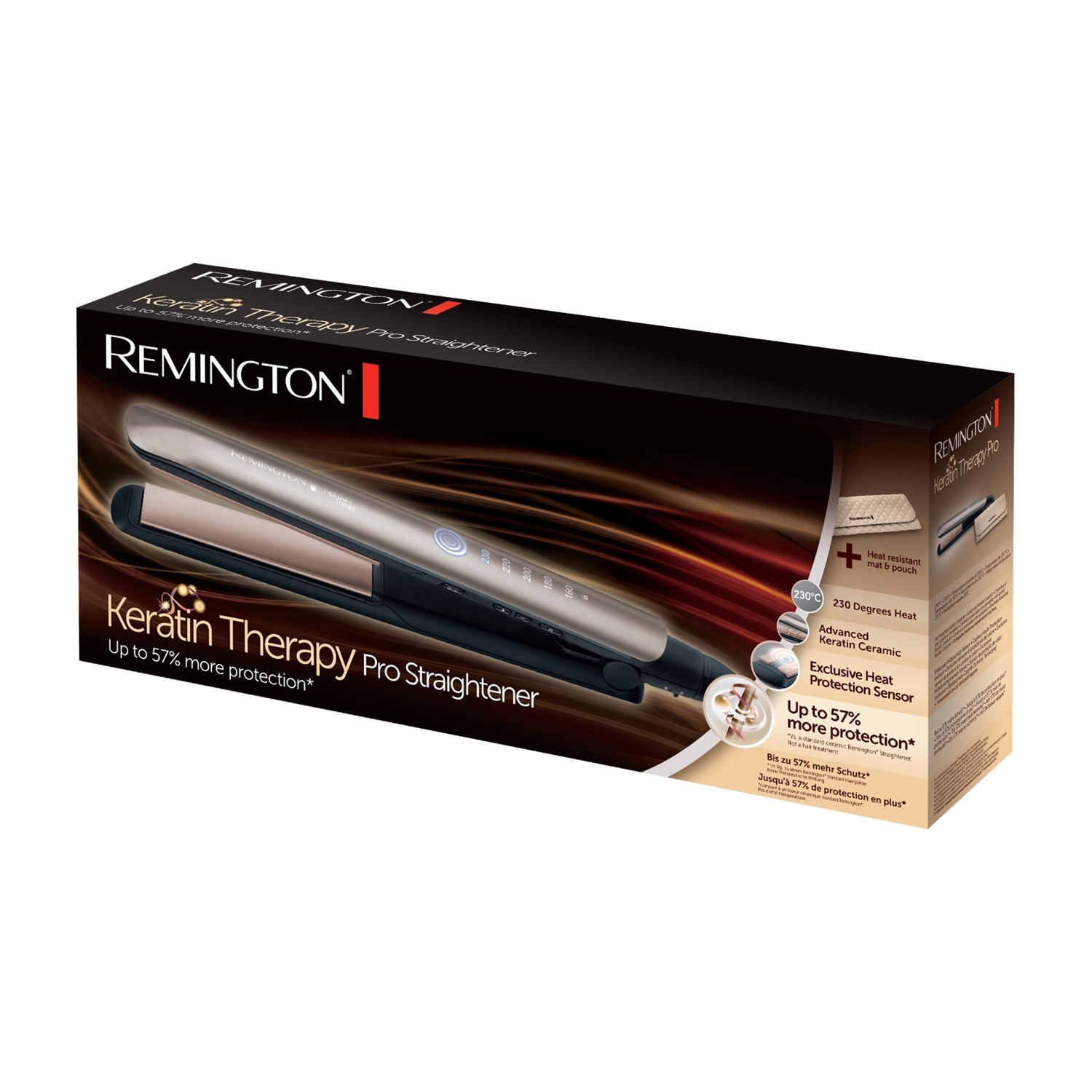 Scatola piastra Remington Keratin Therapy Pro con piastra e accessori.