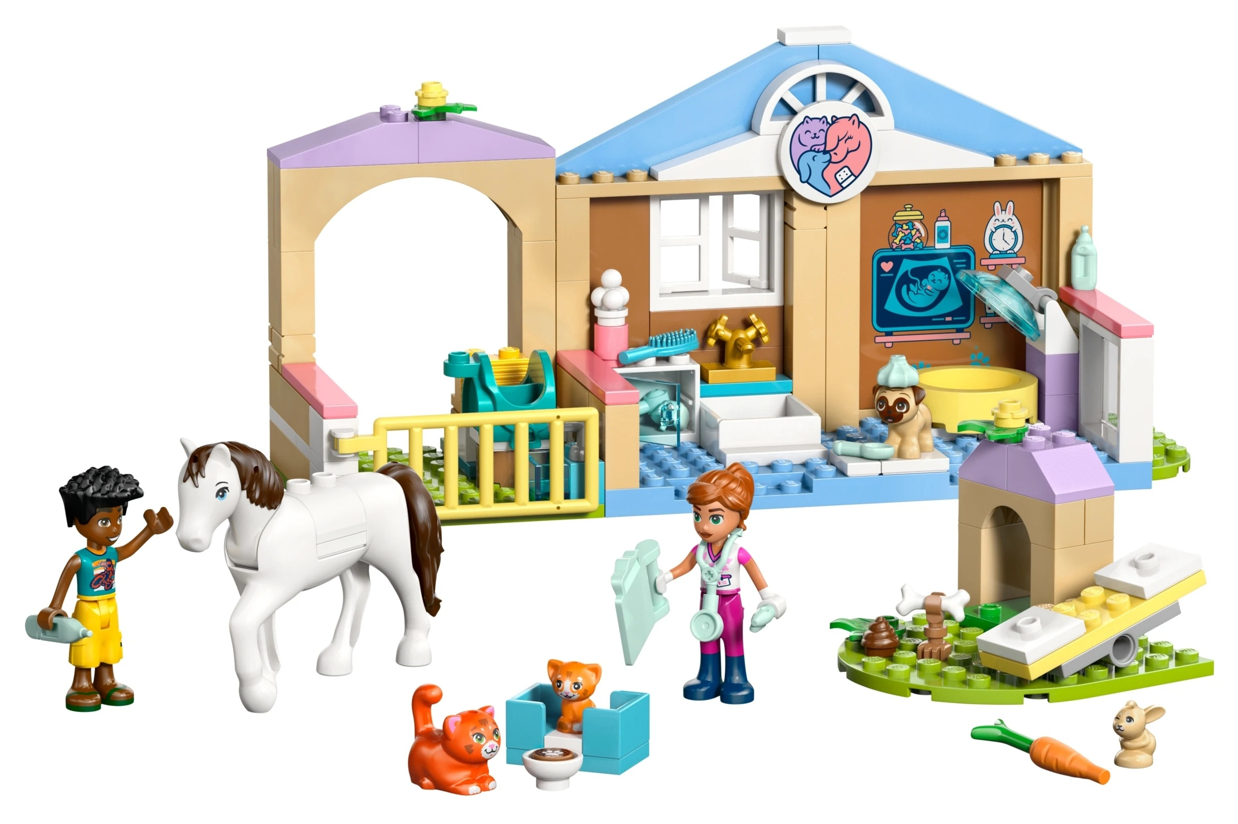 Zestaw zabawek kliniki weterynaryjnej z figurkami: dziewczynka, koń, koty, pies.