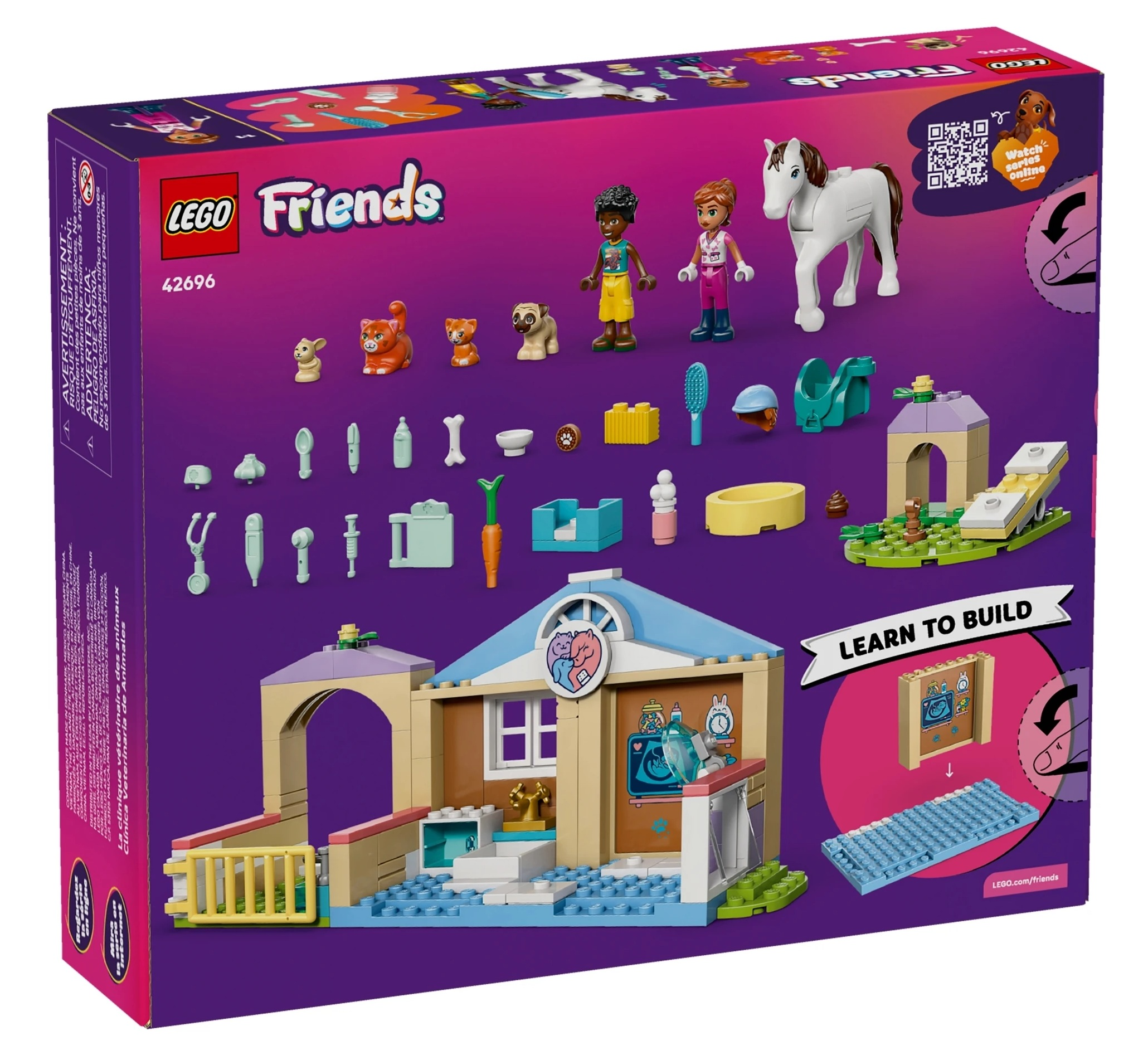 Zestaw kliniki weterynaryjnej Lego Friends z figurkami, zwierzętami i akcesoriami na fioletowym tle.