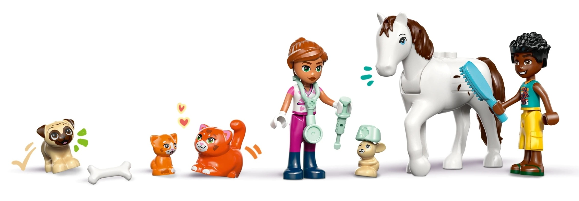 Figurki Lego: weterynarz, koń, mops, kot, mysz i chłopiec.
