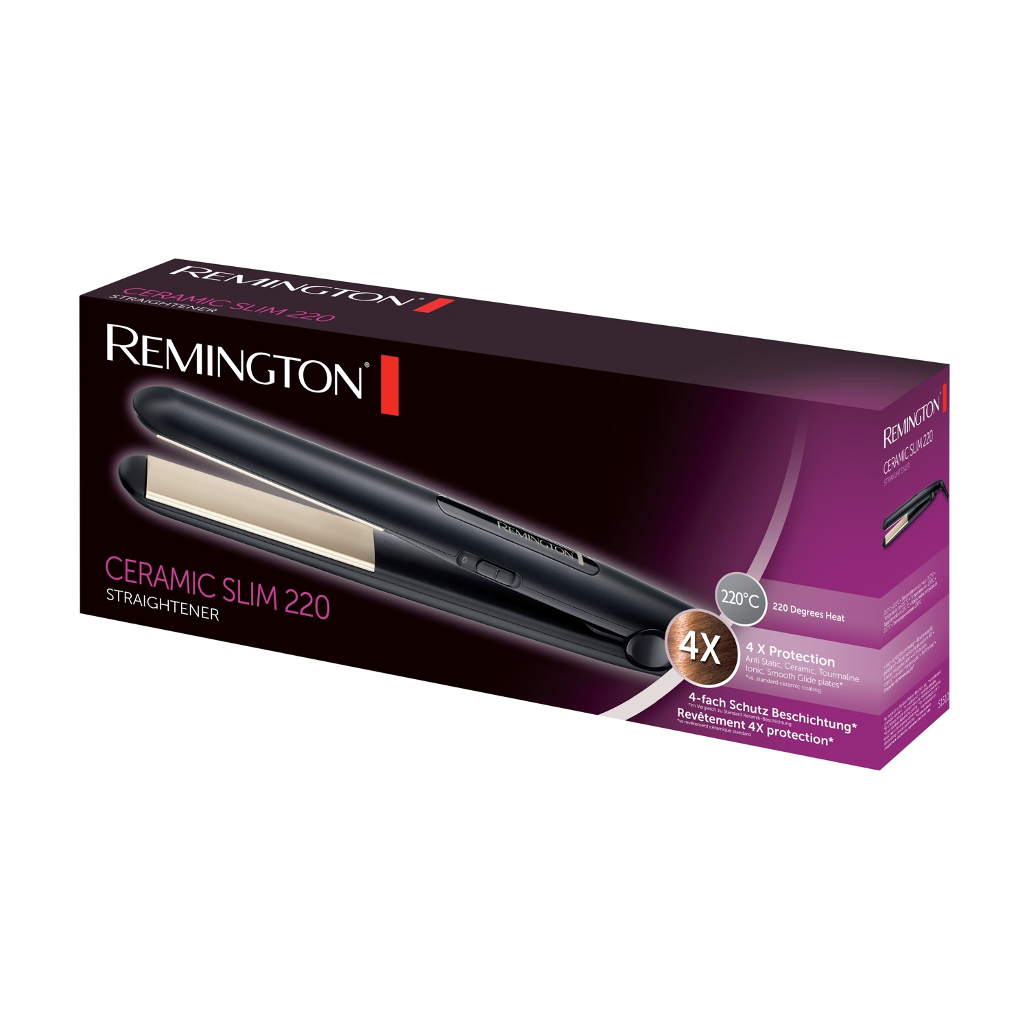 Piastra Remington Ceramic Slim 220 su scatola scura con accenti viola.