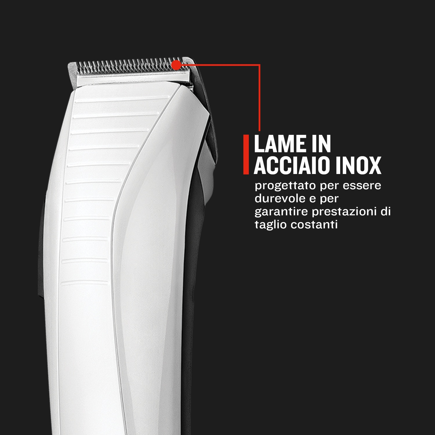 Primo piano di un rifinitore bianco con lame in acciaio inox e testo.
