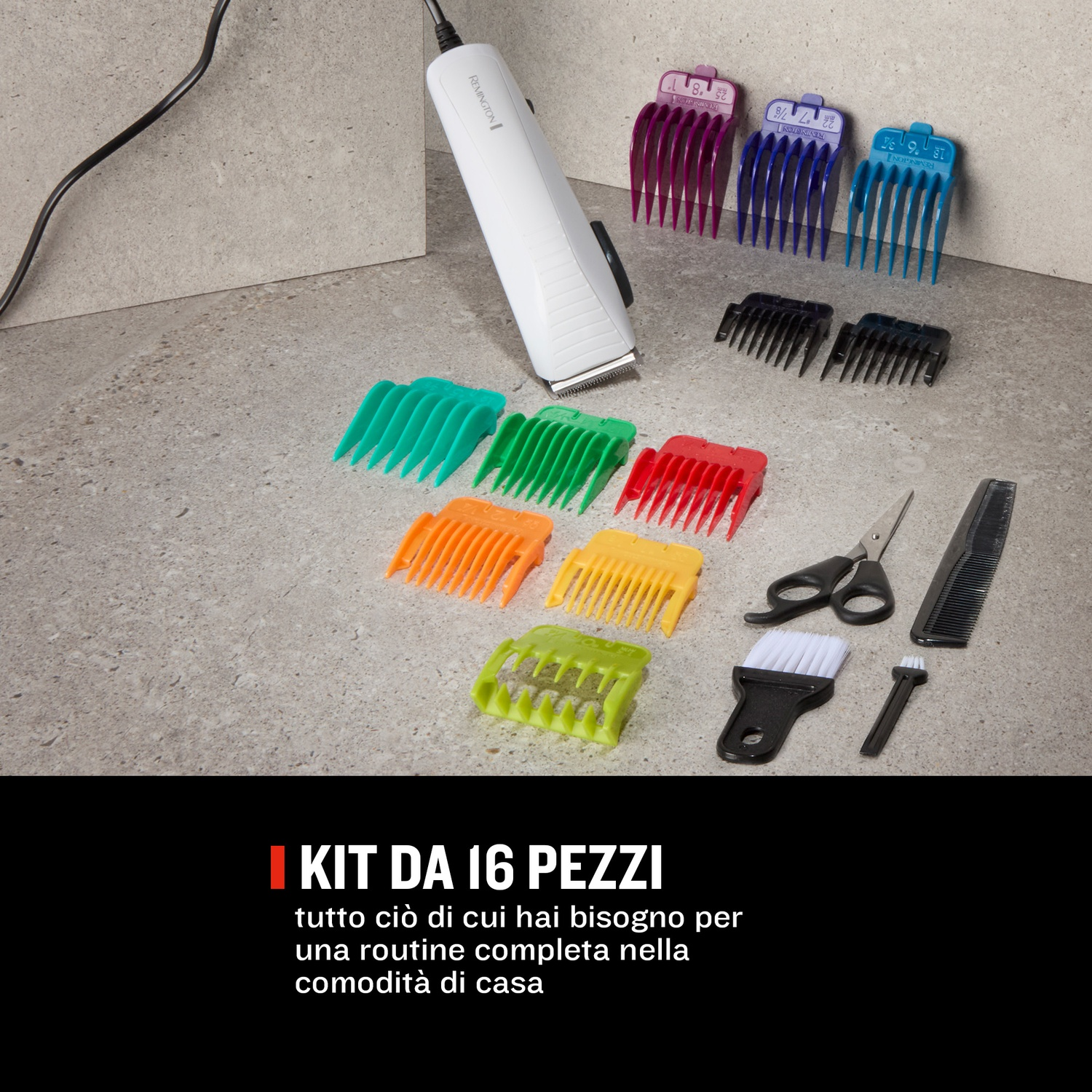 Un tagliacapelli Remington bianco con accessori su una superficie grigia.