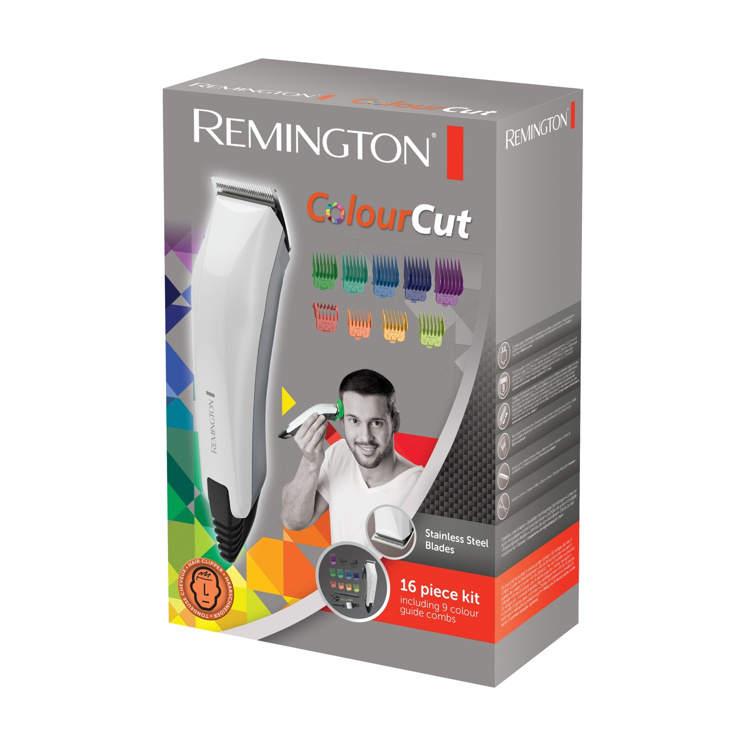 Scatola tagliacapelli Remington con accessori e un uomo che si taglia i capelli.