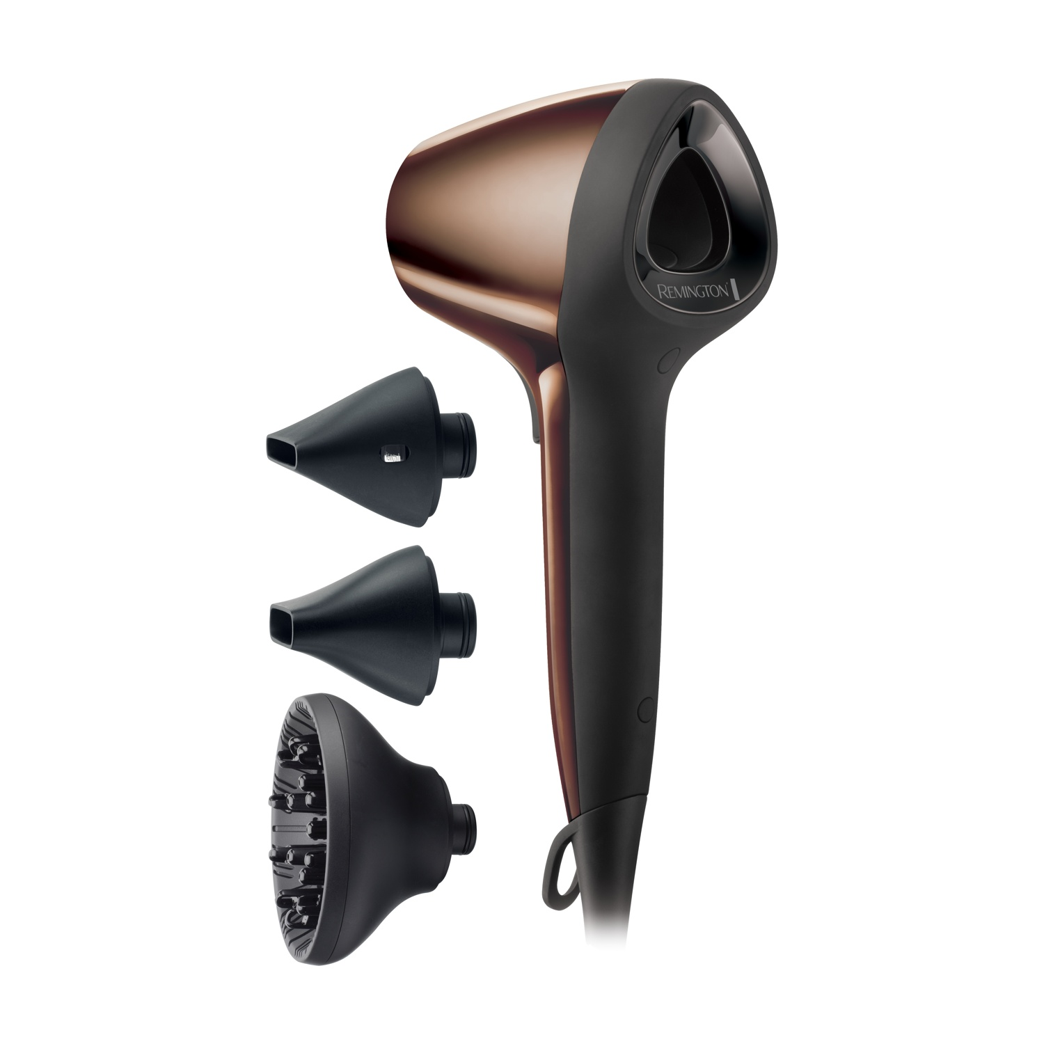Un asciugacapelli Remington color bronzo con manico nero e tre accessori.