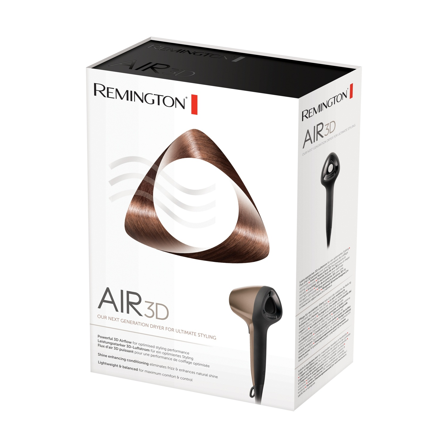 Confezione di un asciugacapelli Remington Air 3D con illustrazione del prodotto.