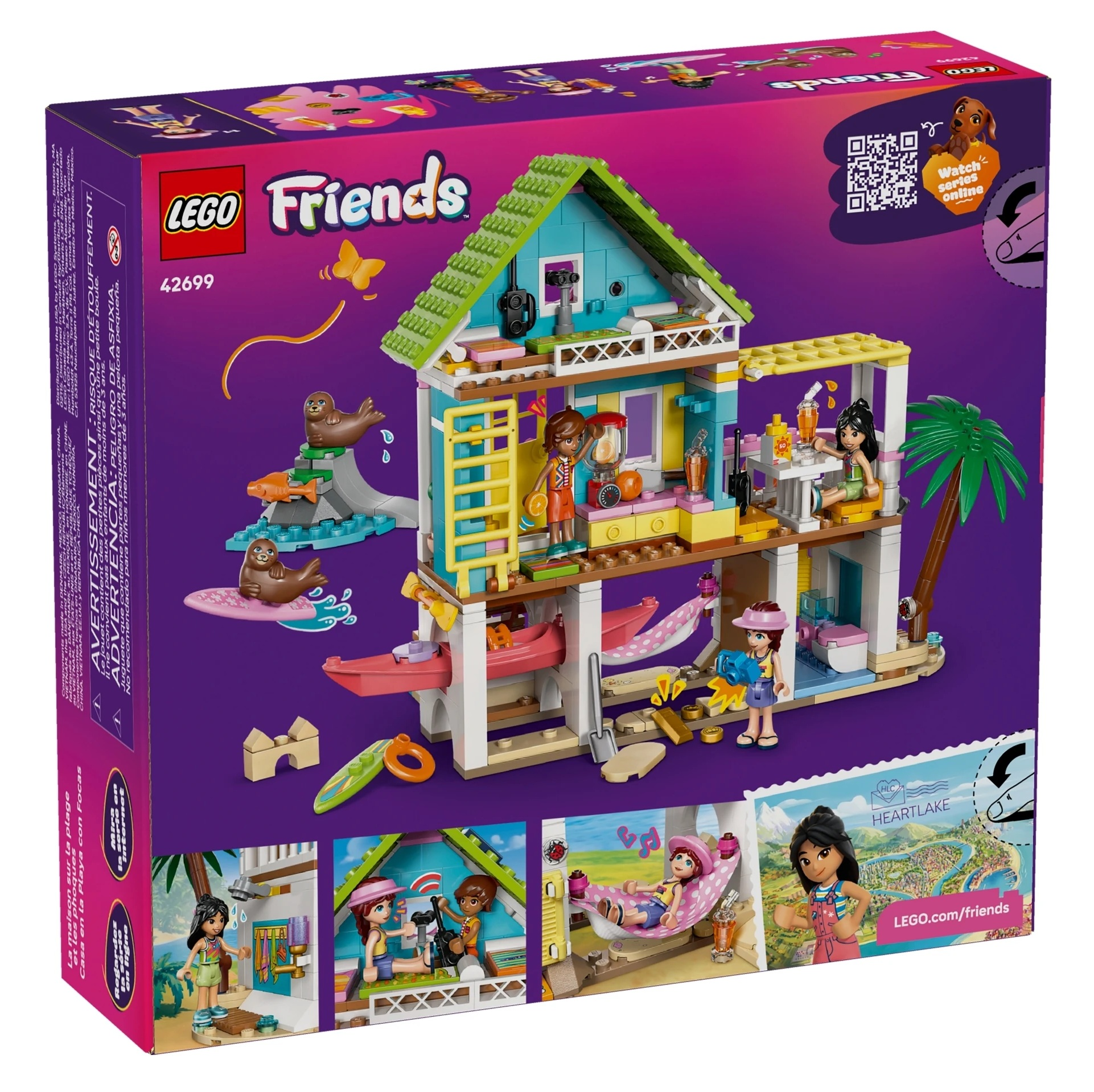 Domek na plaży Lego Friends z figurkami, fokami i akcesoriami na fioletowym pudełku.