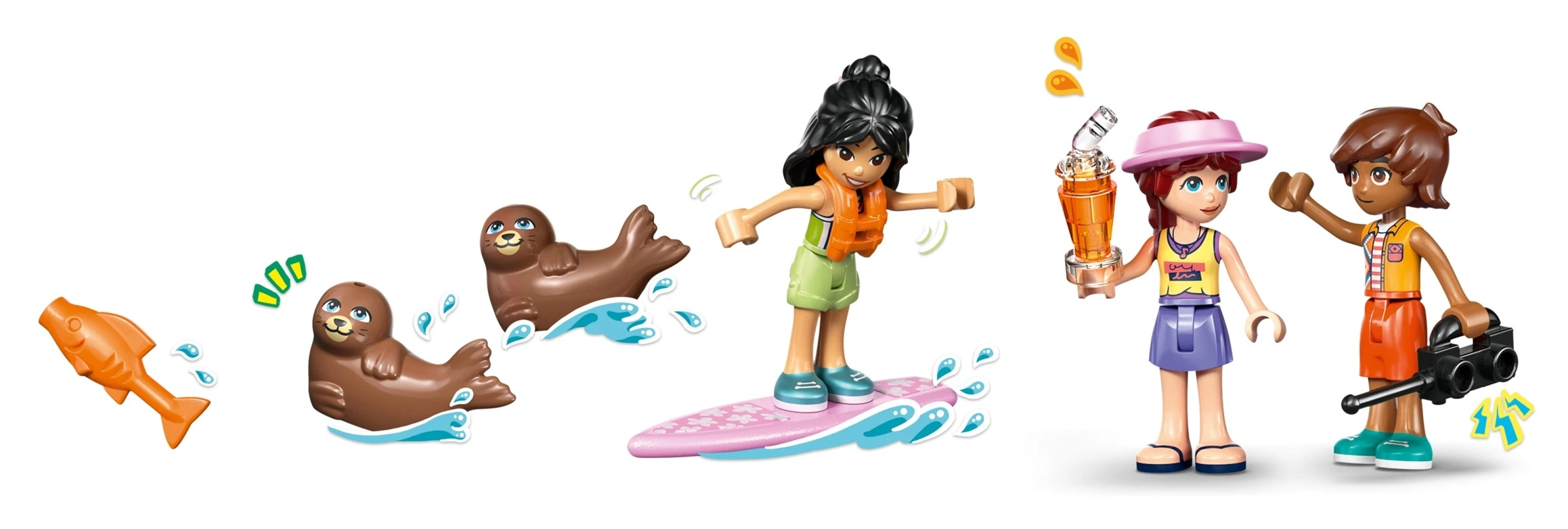 Ryba, foki i dziewczyny surfujące i pijące.