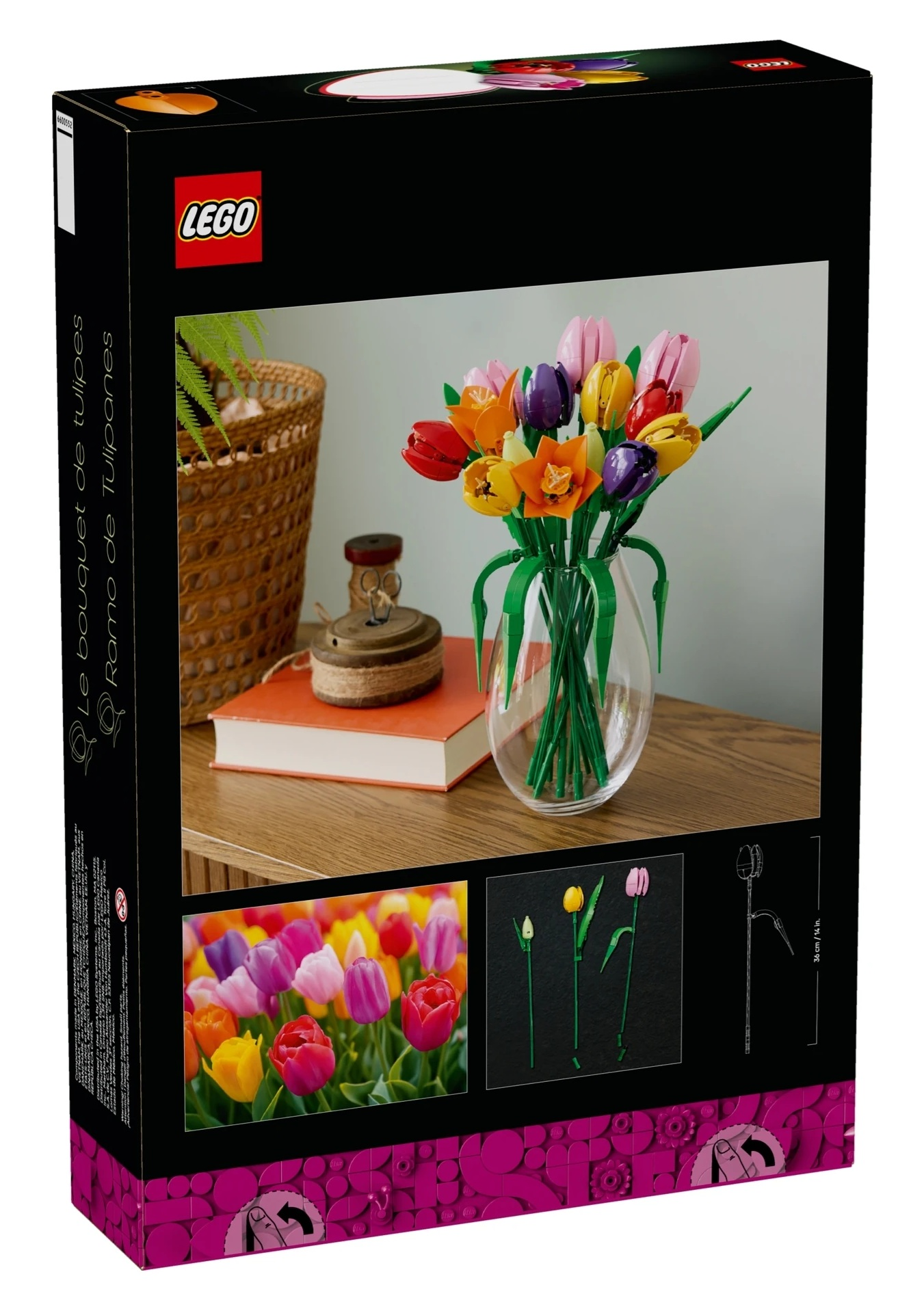 Bukiet tulipanów LEGO w szklanym wazonie na drewnianym stole.