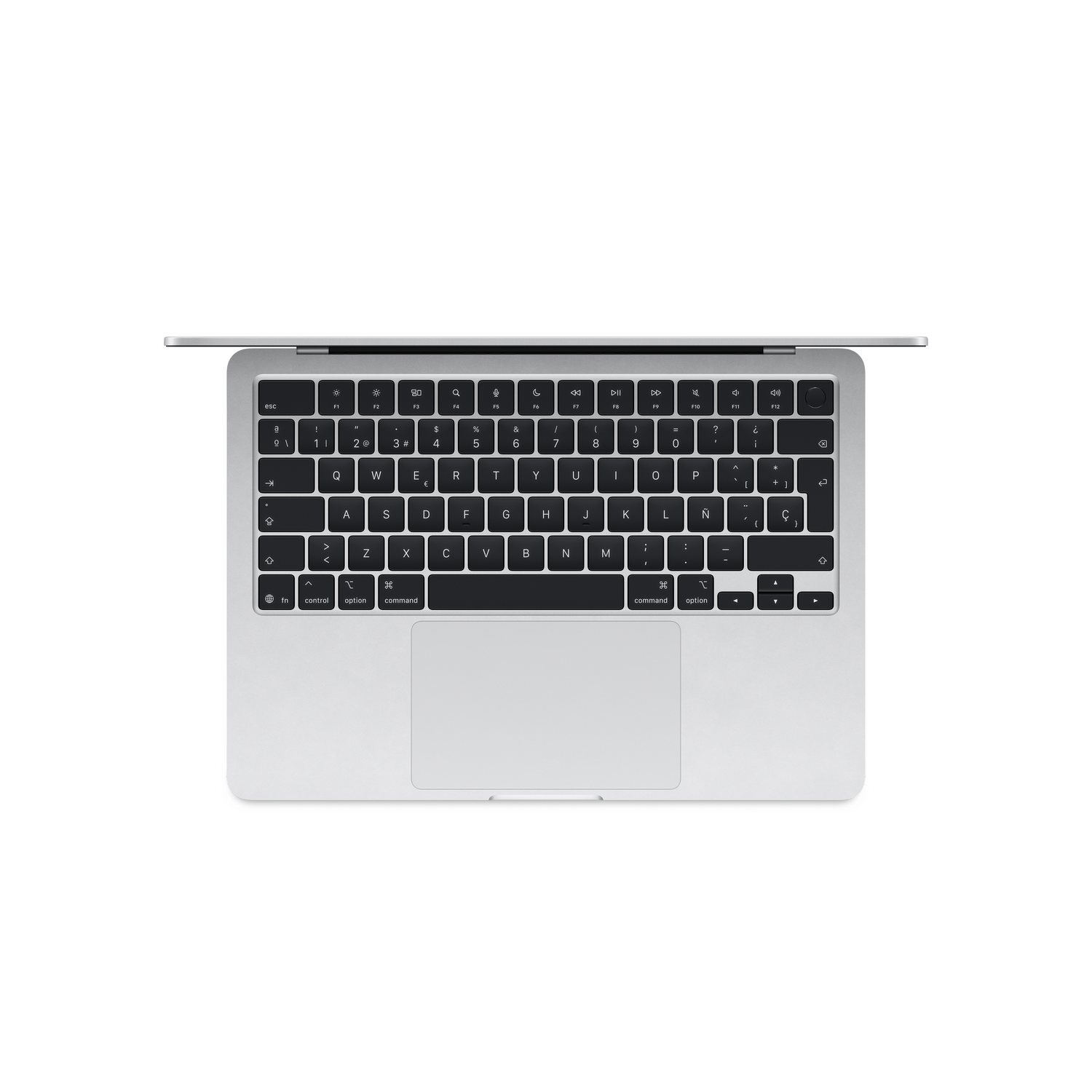 Un portátil plateado con teclado y trackpad, visto desde arriba.