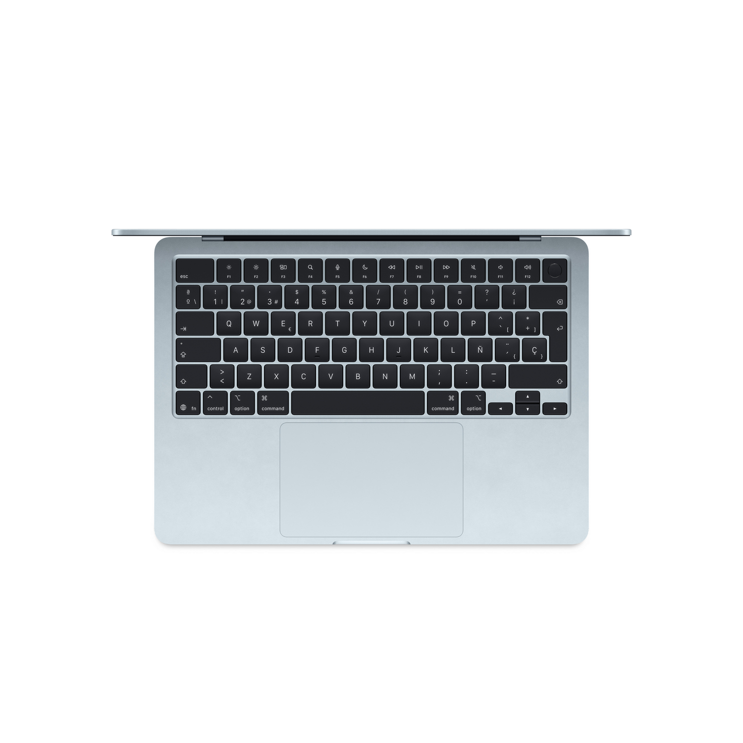 Un teclado y trackpad de portátil azul claro sobre fondo blanco.