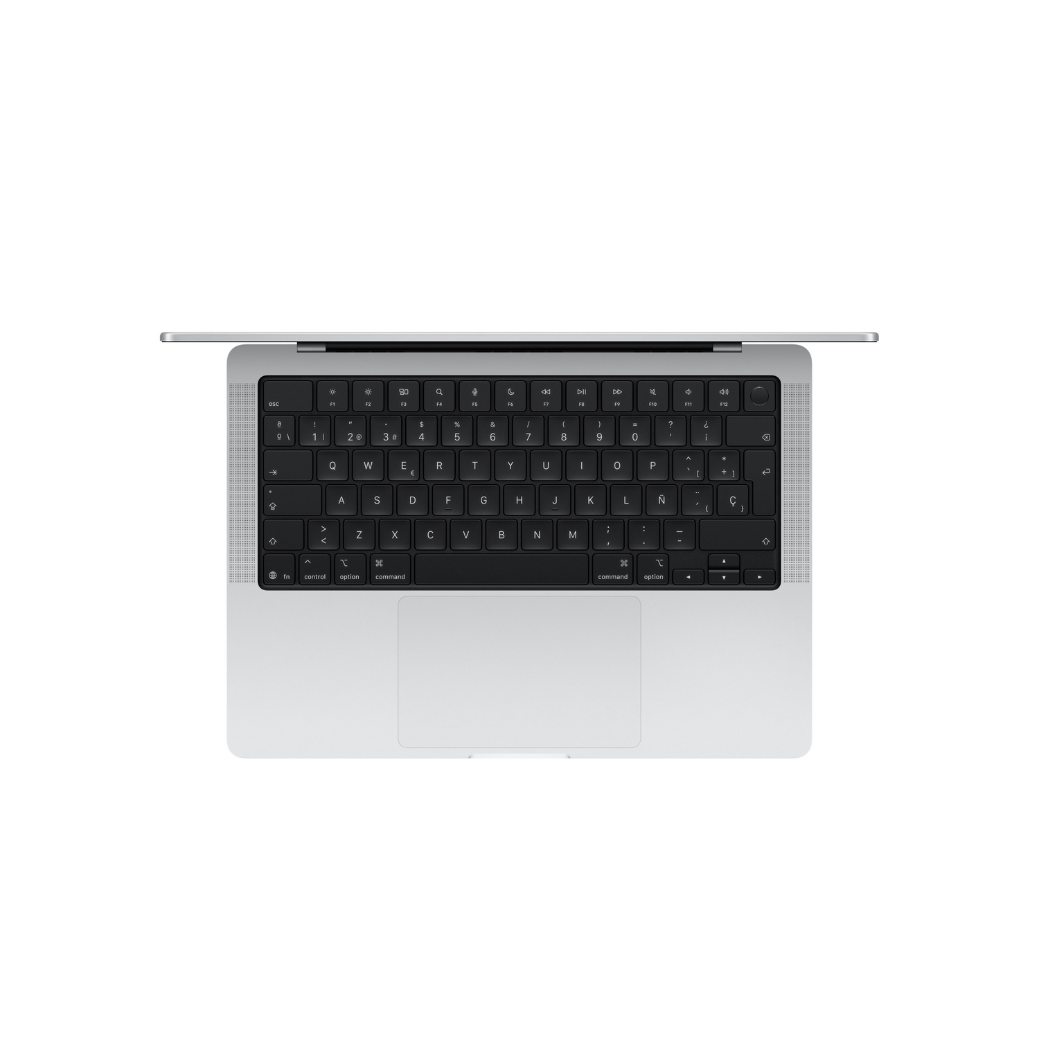 Un MacBook plateado abierto, visto desde arriba.