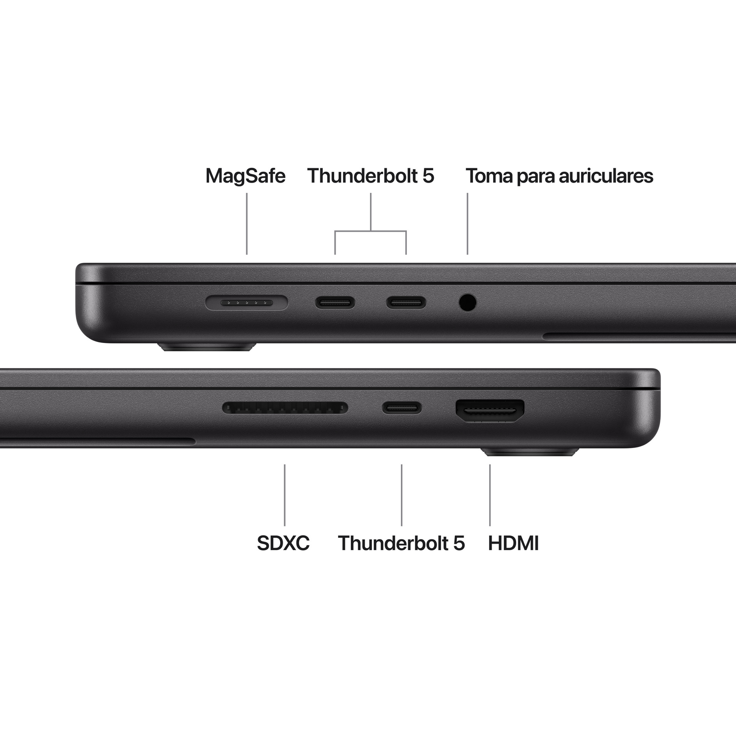 Vista lateral de portátil con puertos: MagSafe, Thunderbolt 5, conector auriculares, SDXC, HDMI.