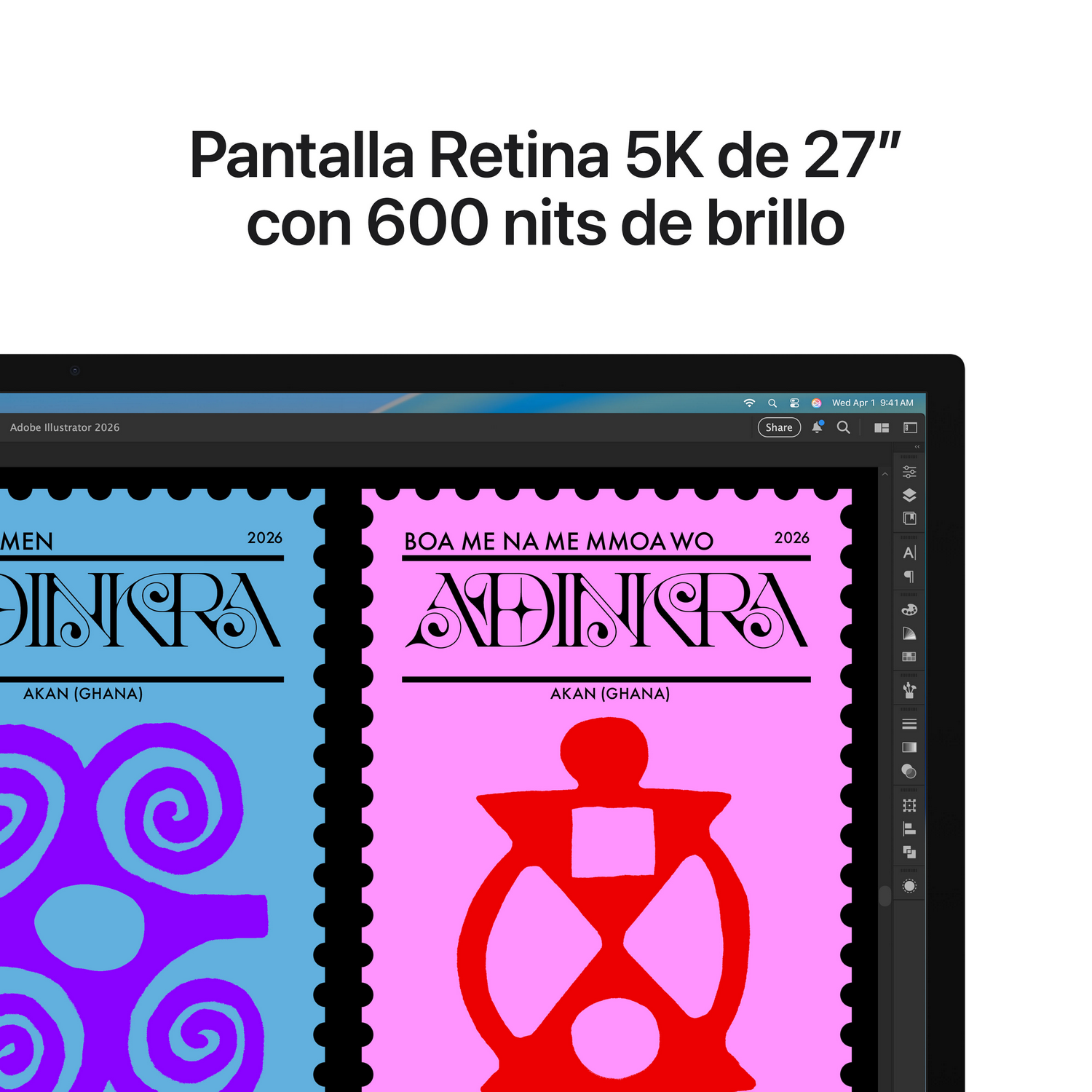 Un portátil muestra dos diseños de sellos con símbolos Adinkra y texto.