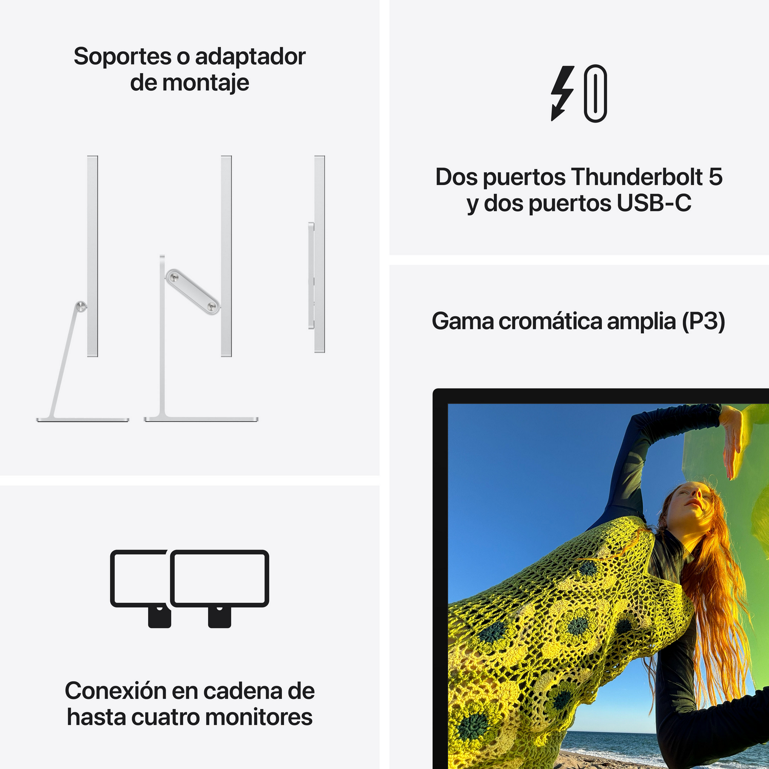 Dos puertos Thunderbolt 5 y dos USB-C, amplia gama P3.