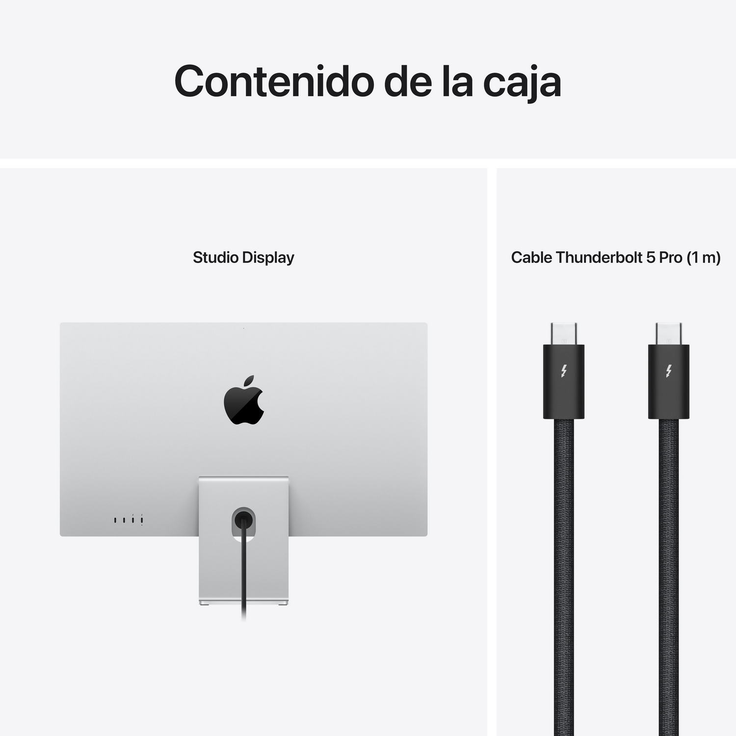Parte trasera de un Apple Studio Display plateado y dos cables Thunderbolt negros.