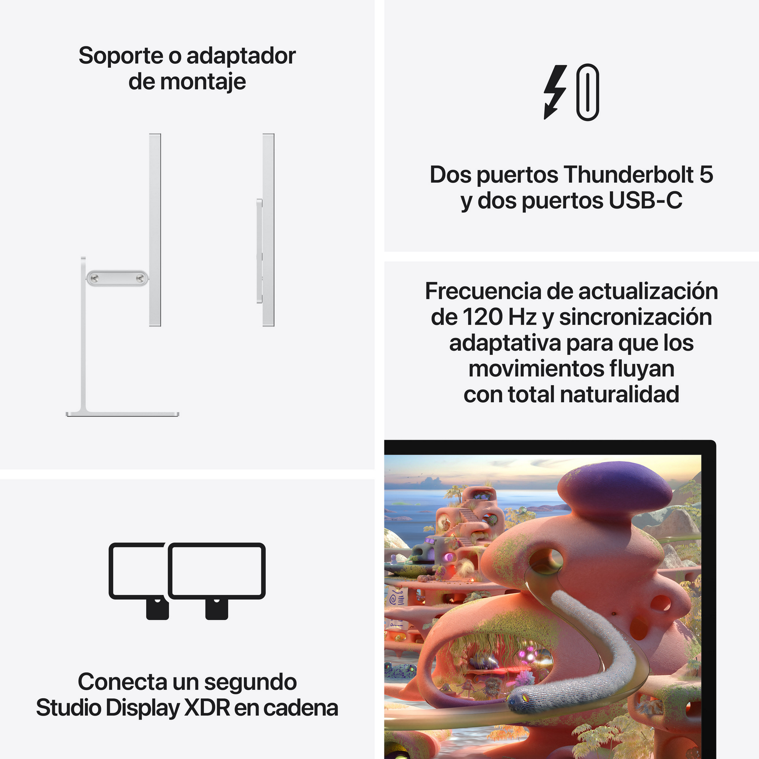 Soporte de monitor, 2x Thunderbolt 5, 2x USB-C, 120Hz y encadenamiento.
