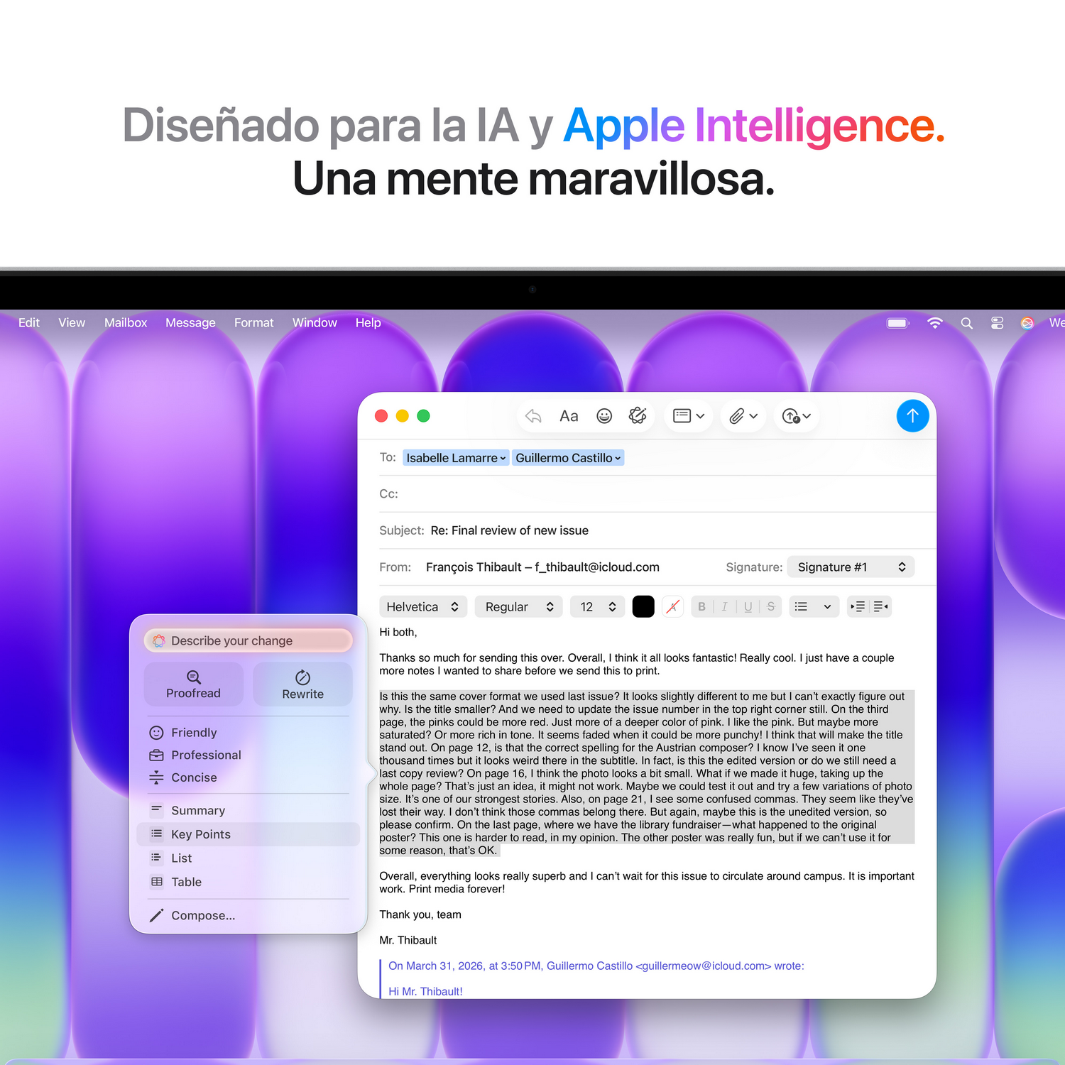 Un borrador de correo electrónico en una pantalla de Mac con fondo morado. Herramientas visibles.