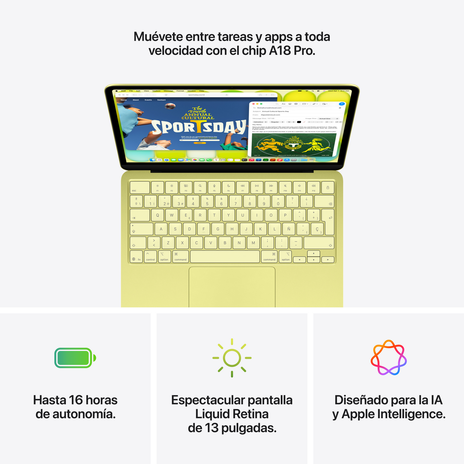 Un MacBook amarillo claro con un banner de "Sports Day" en la pantalla.