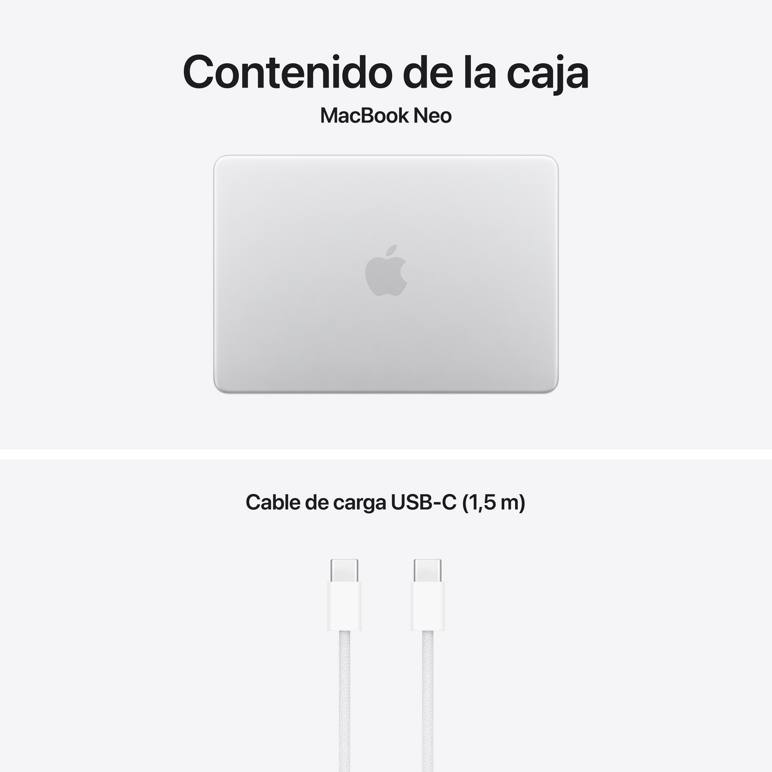 Un MacBook Neo plateado y un cable USB-C blanco sobre fondo blanco.
