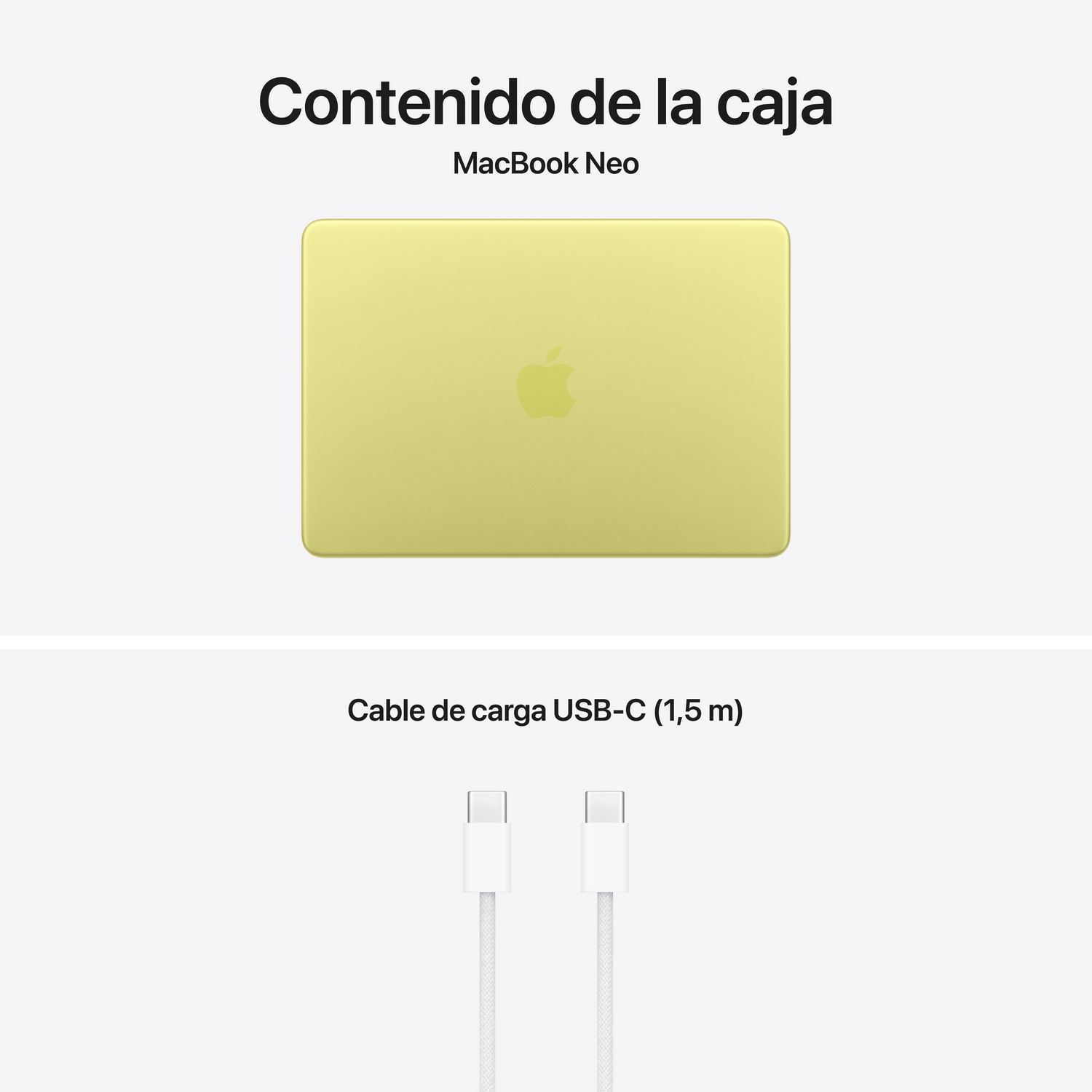 Se muestra un MacBook Neo amarillo y un cable USB-C blanco.
