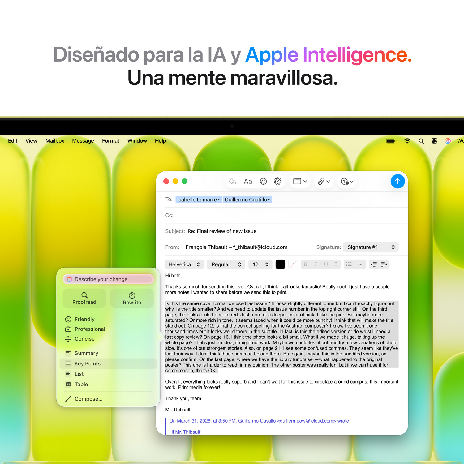 Un correo electrónico con herramientas de edición y texto. El fondo muestra formas verdes y amarillas borrosas.
