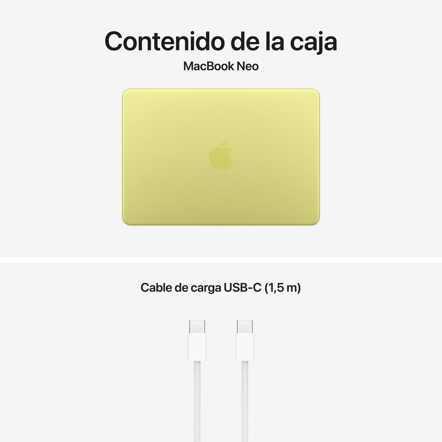 Un MacBook Neo amarillo y un cable USB-C blanco.