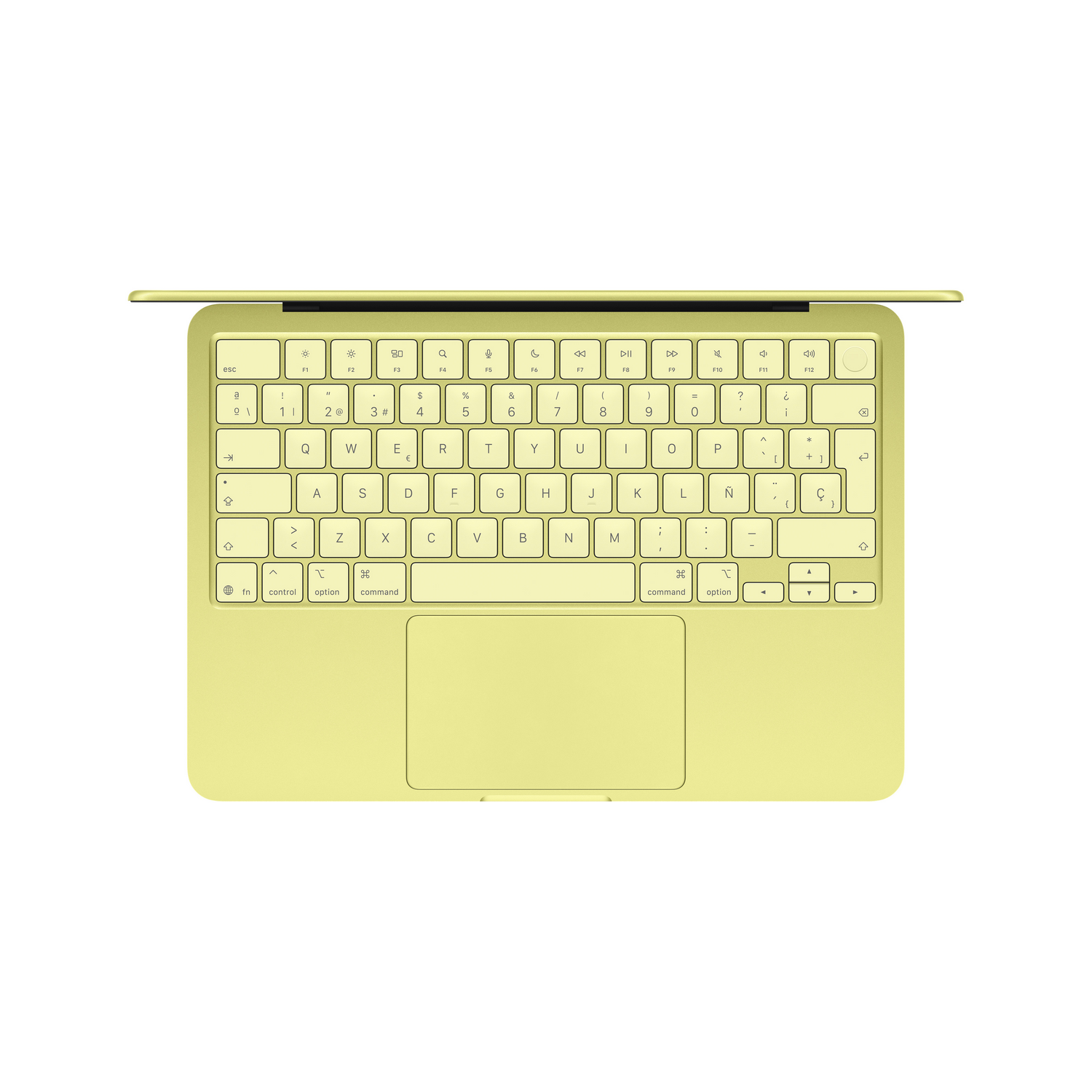 Un Apple MacBook amarillo claro, mostrando teclado y trackpad desde arriba.