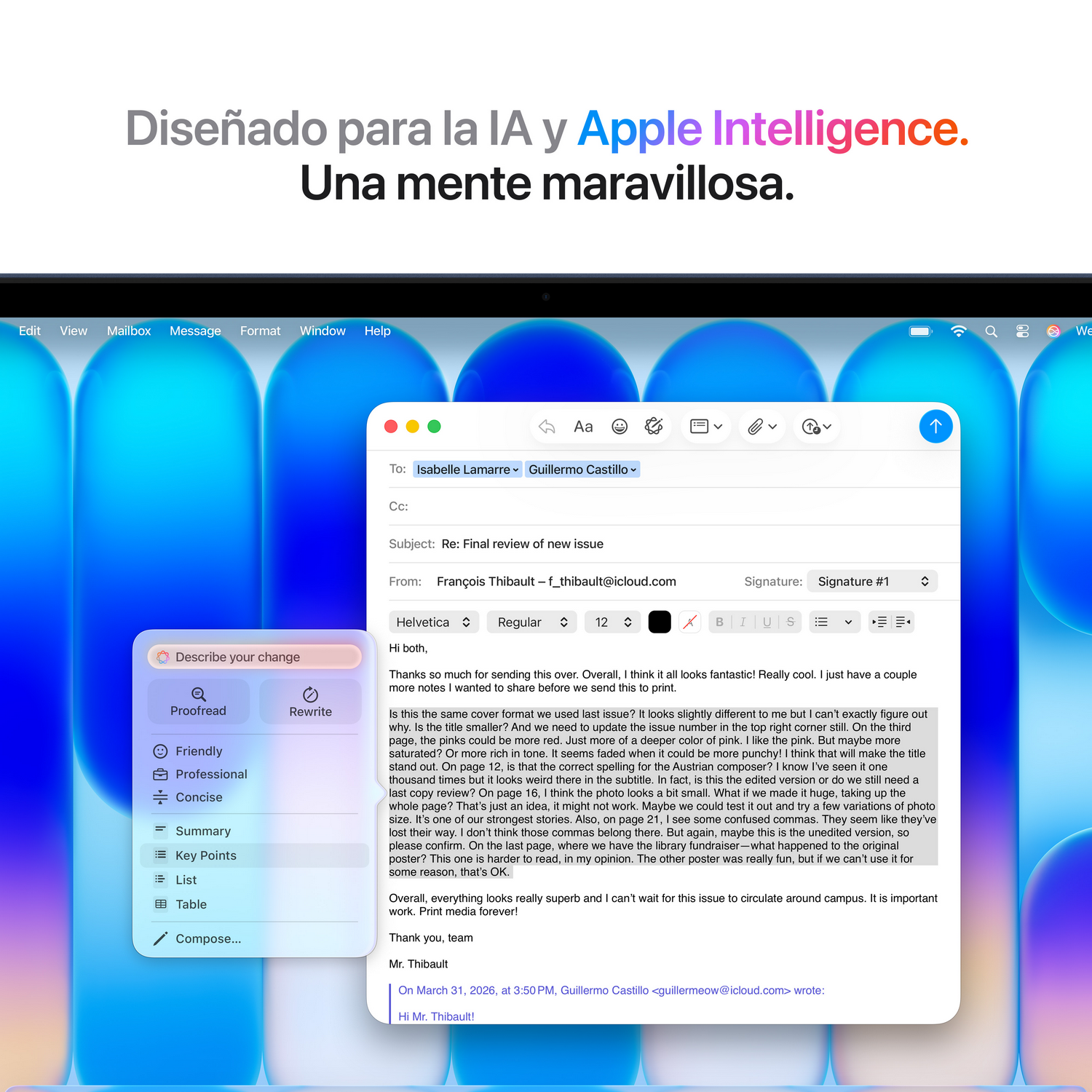 Ventana de correo electrónico en una pantalla Mac con fondo azul y texto.
