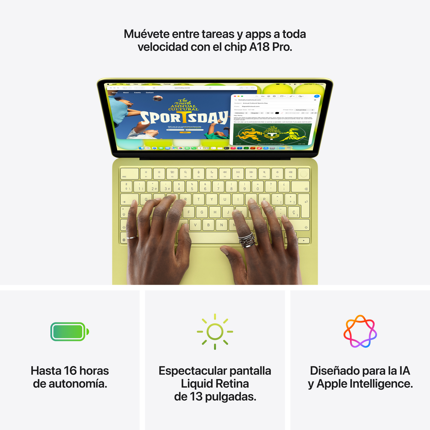 Un portátil verde claro con teclado retroiluminado. Manos escribiendo.