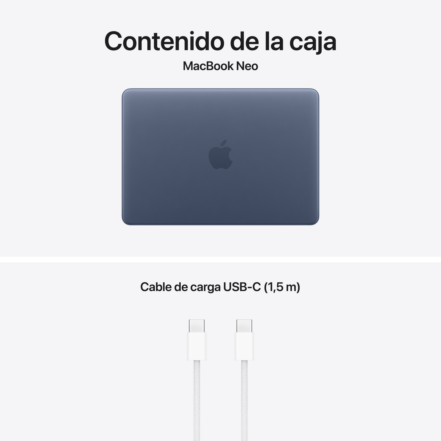 Un MacBook Neo azul cerrado y un cable USB-C blanco.