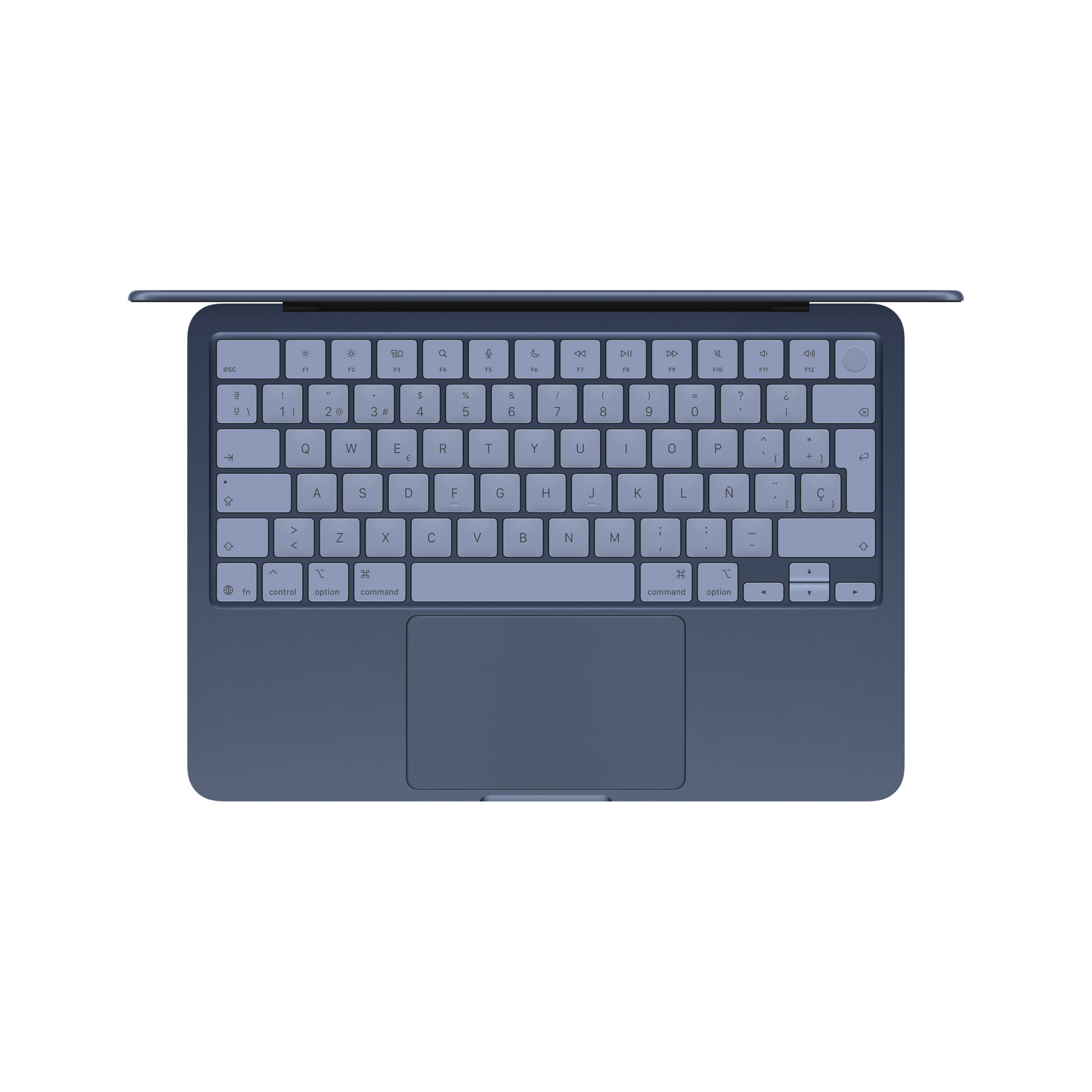 Un accesorio de teclado y trackpad azul para una tableta, visto desde arriba.