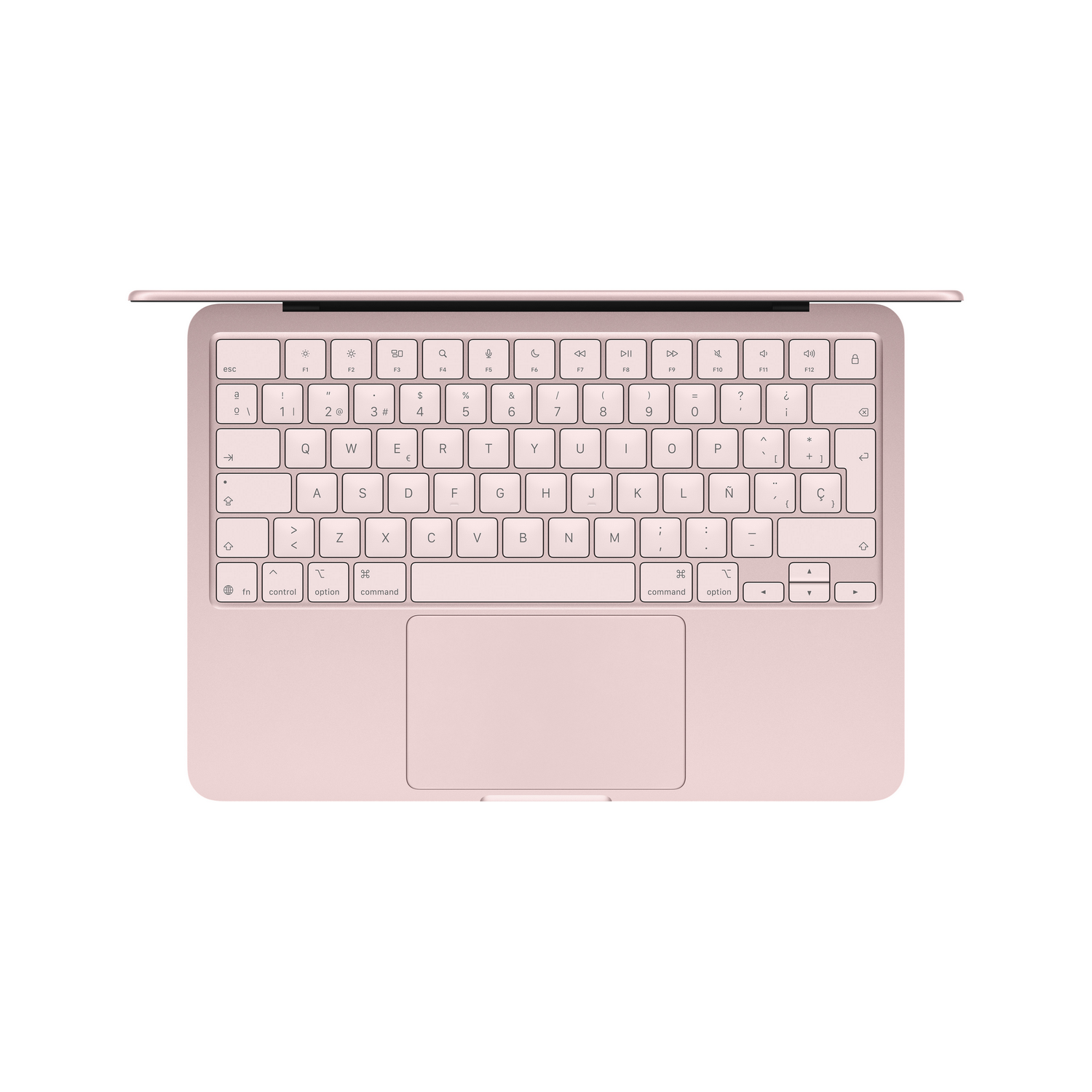 Un portátil rosa visto desde arriba, con la pantalla abierta, mostrando el teclado.