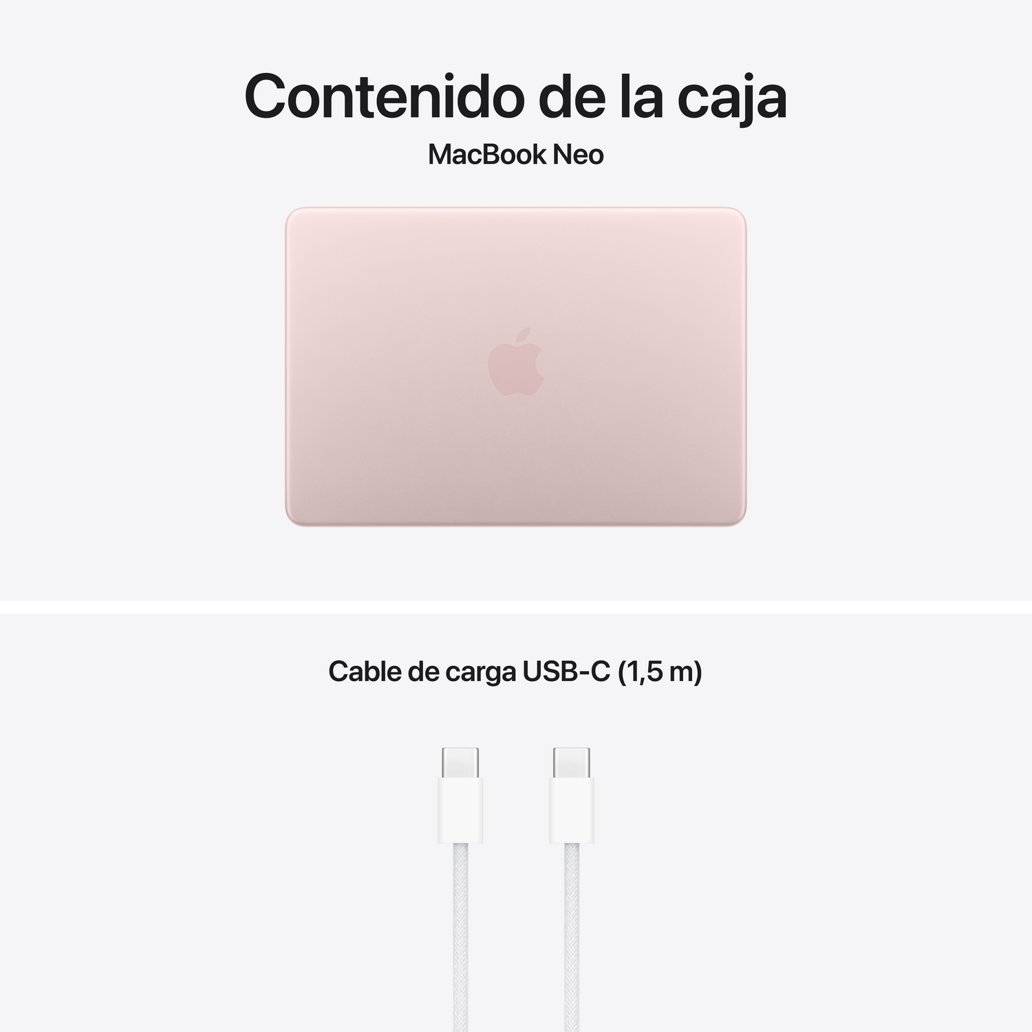 Un MacBook Neo rosa y un cable de carga USB-C blanco.